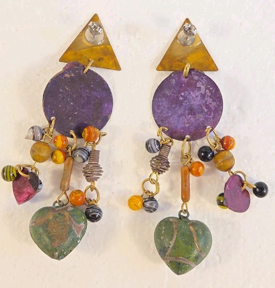 Vintage Boho Rustic Dangle Drop Post Earrings Mixed Metal Geometric Design – 4in
