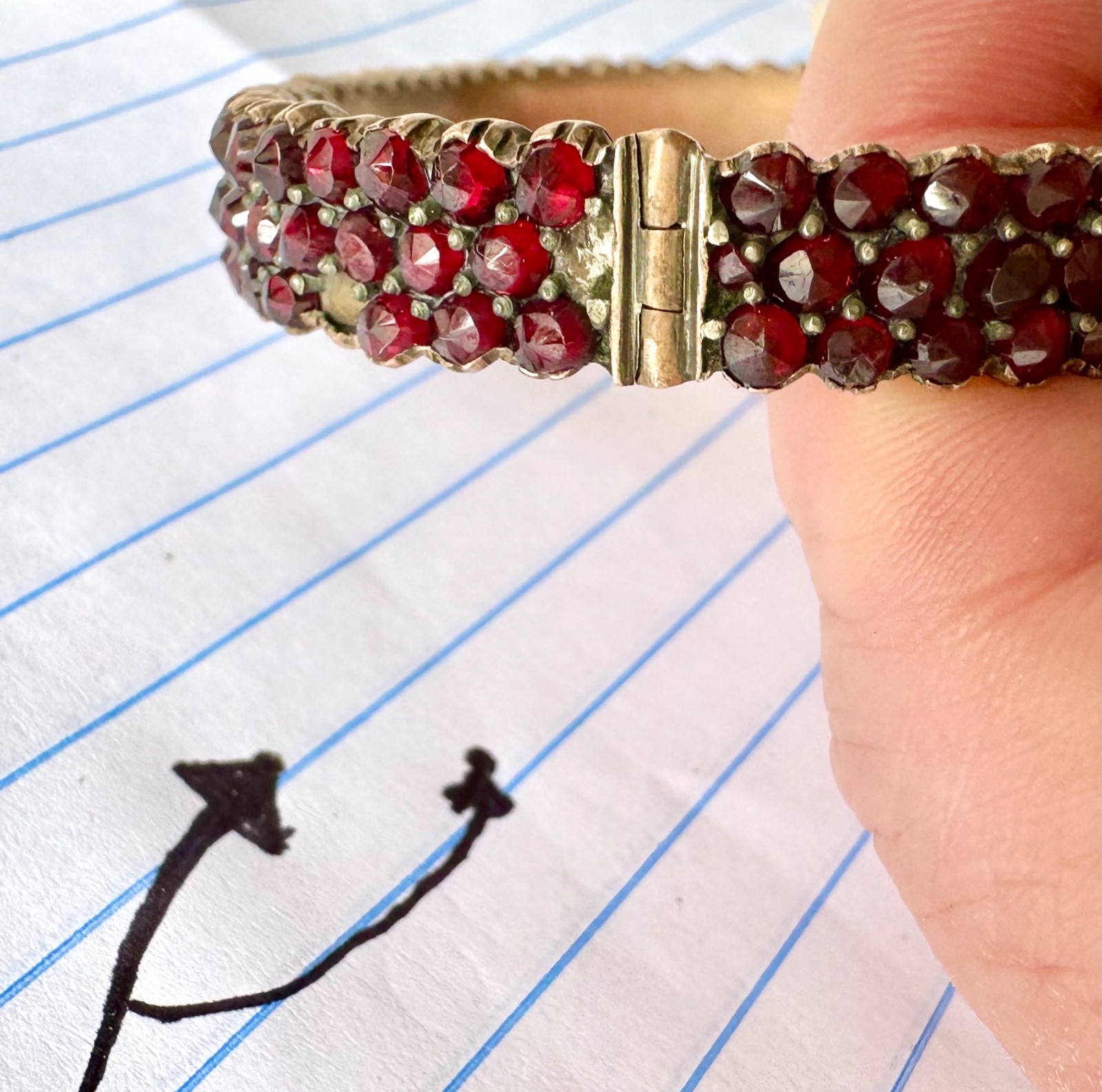 Antique rose cut Garnet & Silver bangle Hinged w/safety chain (see cond.)