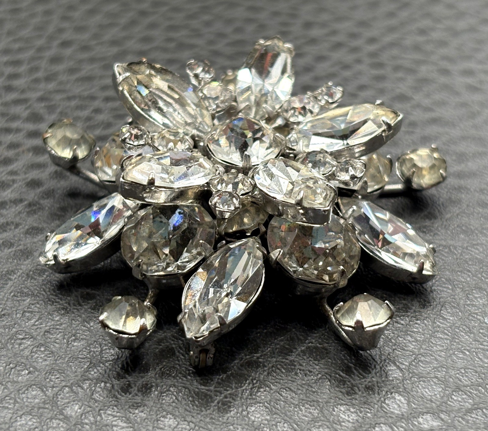 Vintage Austrian Rhinestone Atomic Starburst Brooch Silver Tone Crystal Pin