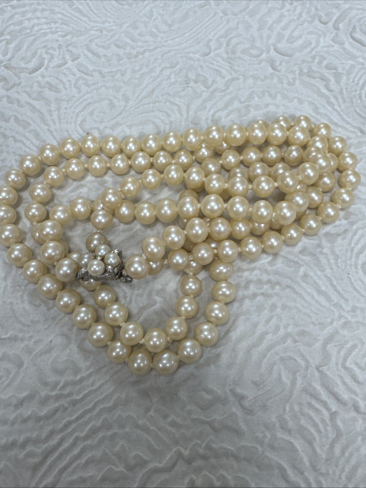 Vintage Hand Knotted Double Strand 24”Faux Pearls &Diamond Pearl Clasp 140 Grams