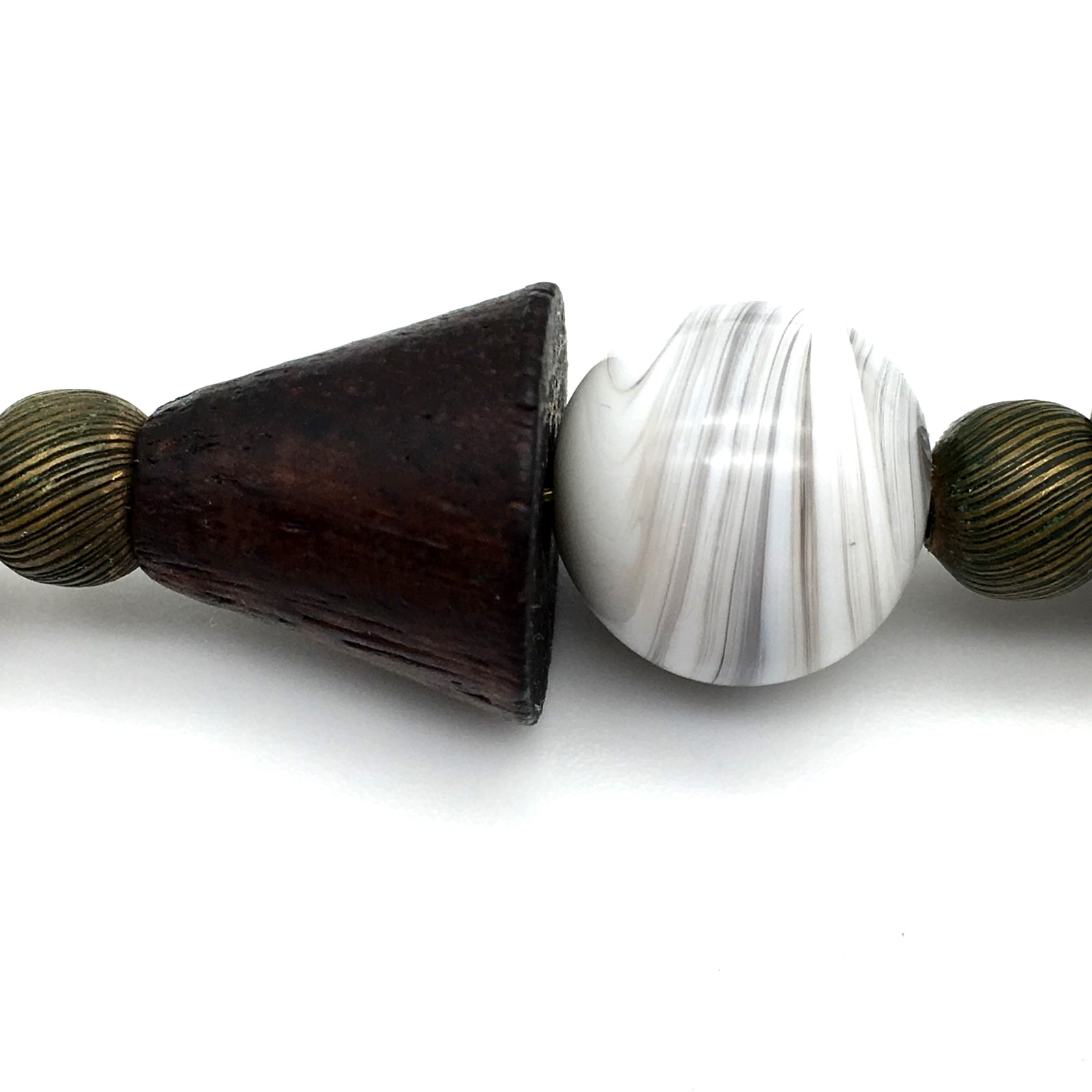 Miriam Haskell Signed Black Ceramic Cone Wood White Art Glass Beads 24″ Necklace
