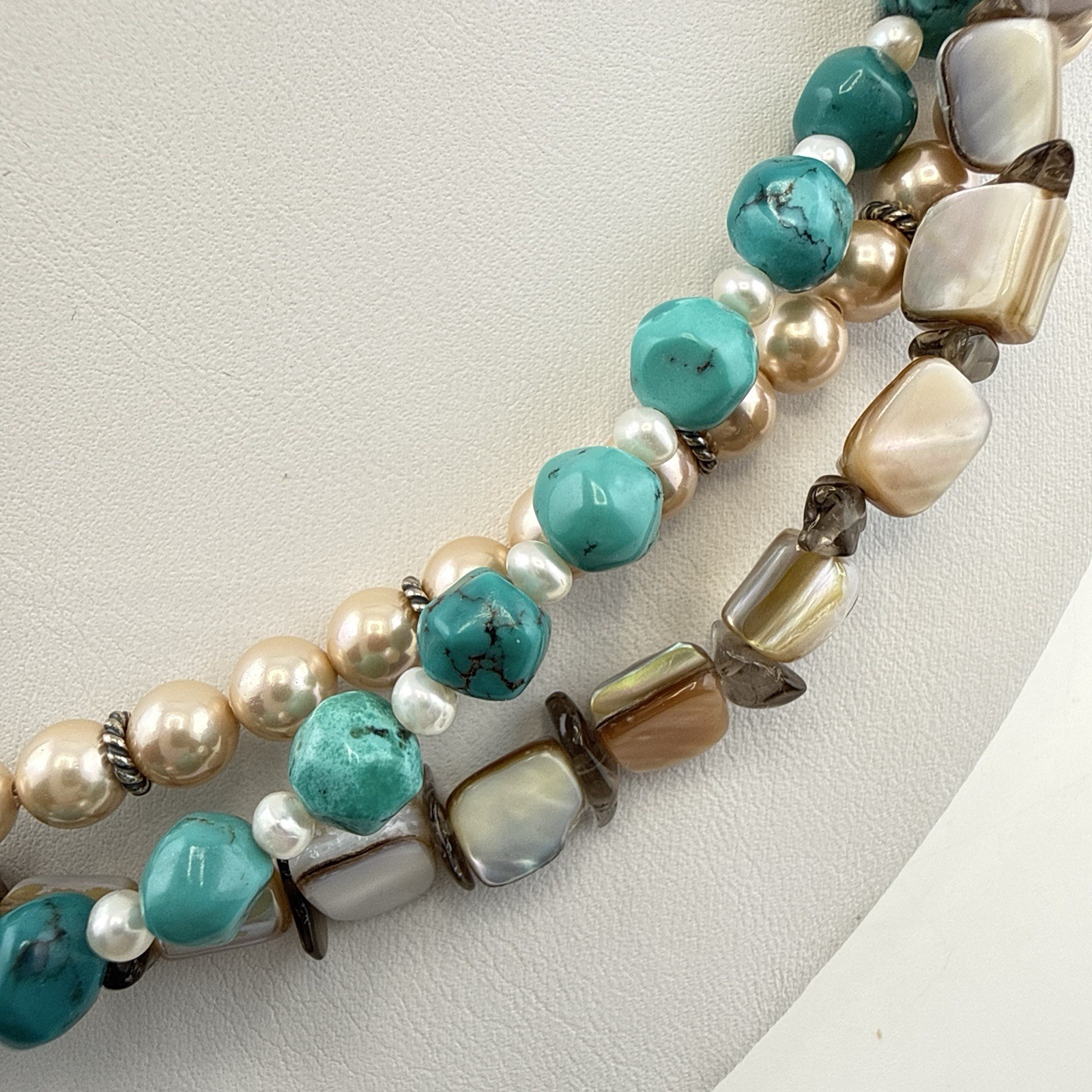 Deb Guyot Necklace Turquoise Pearl Triple Strand Sterling Silver 925 HSN Torsade
