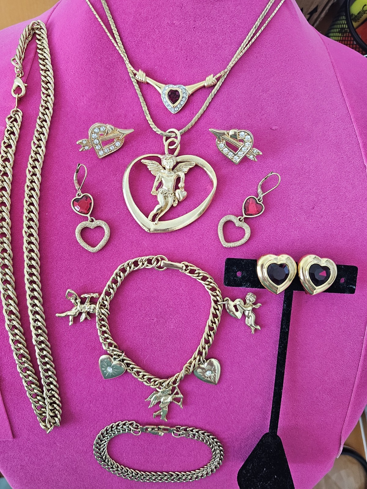 Signed Monet Red Heart Necklace Vintage Gold Tone Rhinestone Jewelry Lot Earring