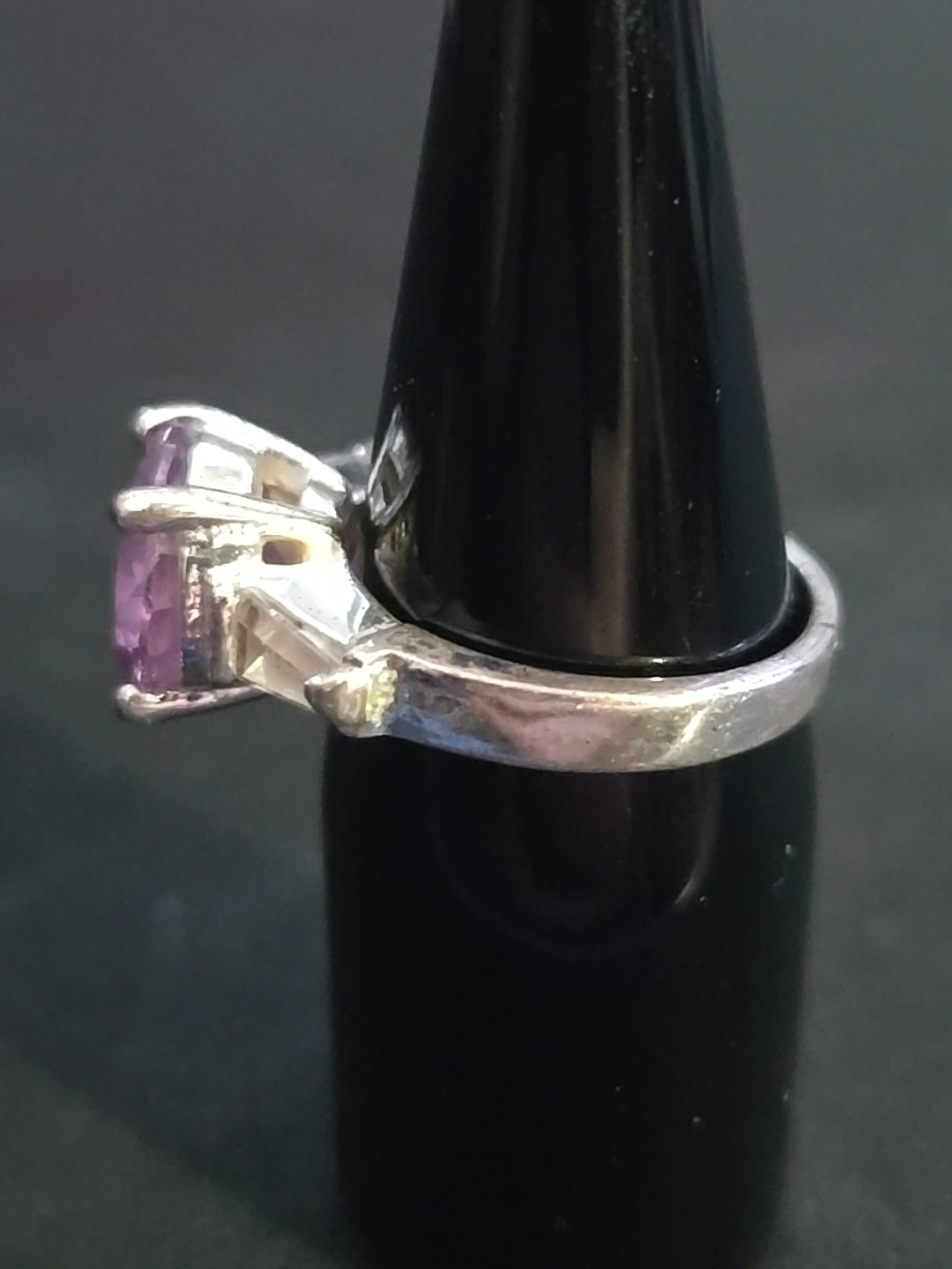 Vintage Silvertone Ring With Large Pink/purple And White Rhinestones Size 6