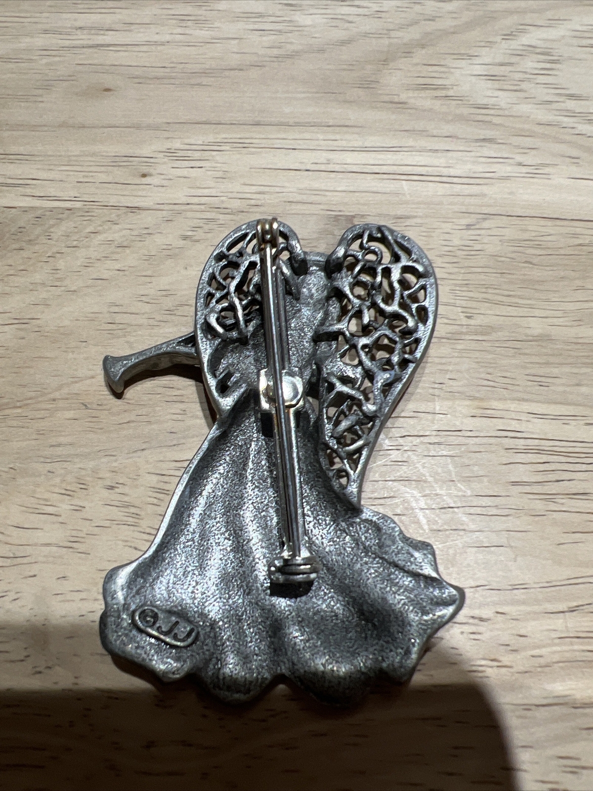 JJ Jonette Pewter Angel Brooch Pin Rhinestone Jewelry Vintage, Christmas.