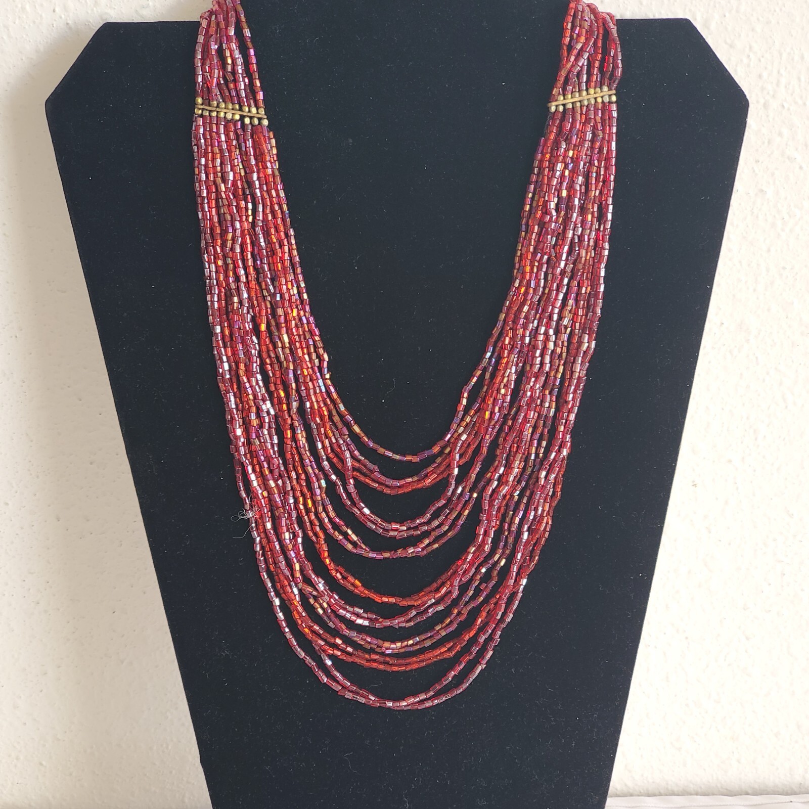 NEW 16 Strand Iridescent Wine Glass Seed Beaded Bib Necklace Costume 16″-18″