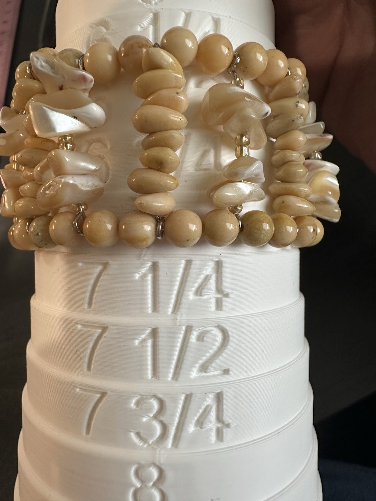 Vintage Tan Stone And White Beaded Layered Stretch Bracelet