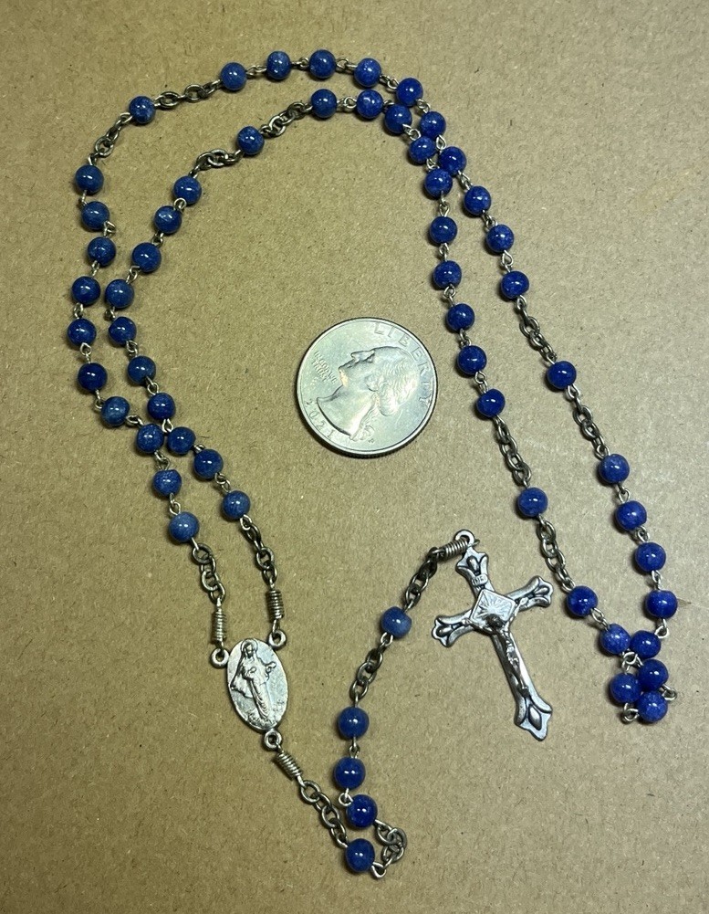 Vintage Silver Rosary Cross Crucifix Ocean Blue Glass Beads Italy Mary Catholic