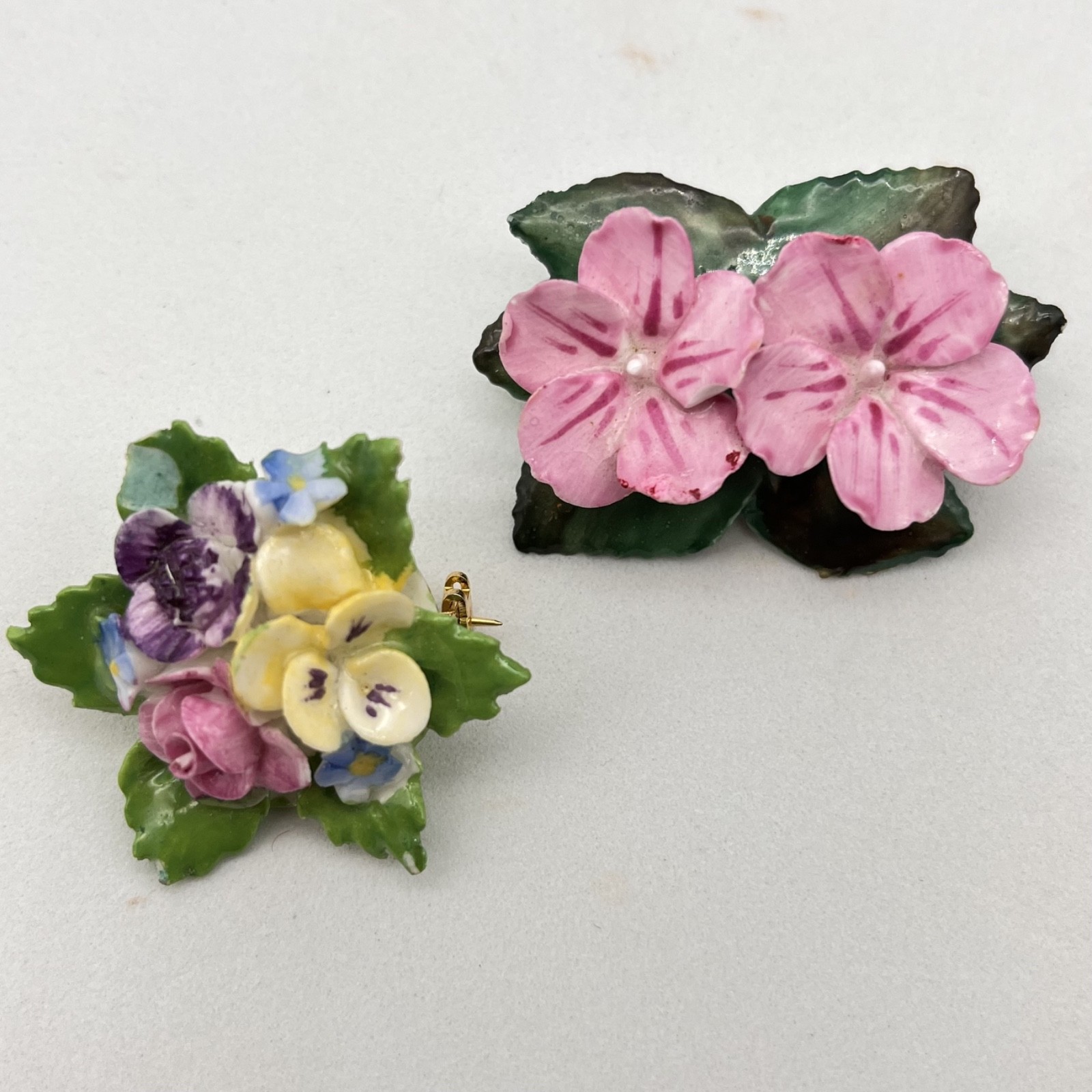 Vintage Porcelain Flower Brooch Lot of 2 Colorful Pins Made in England