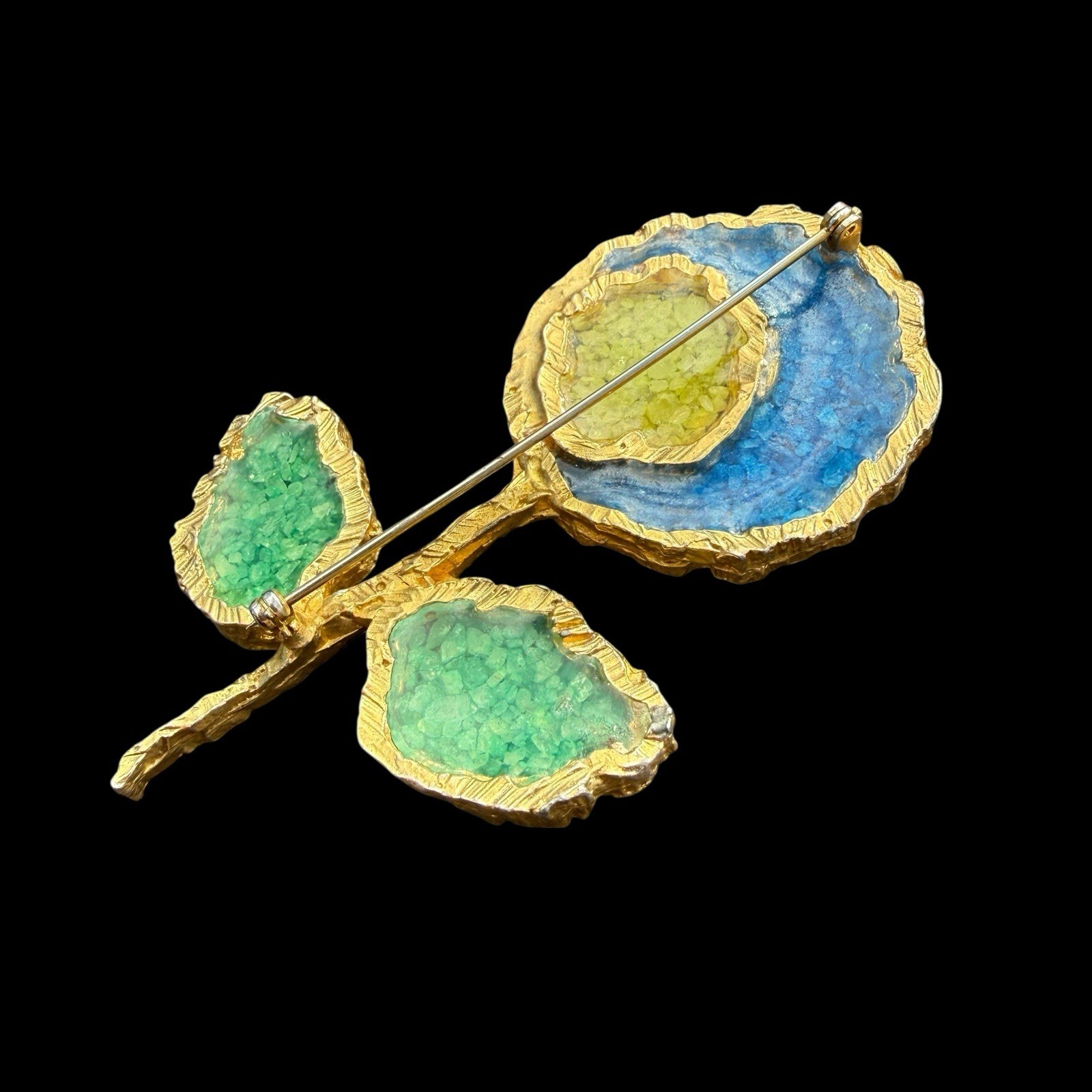 JOY Brooch Brutalist Resin PLIQUE A JOUR Sun Moon Flower Les Bernard Blue Yellow