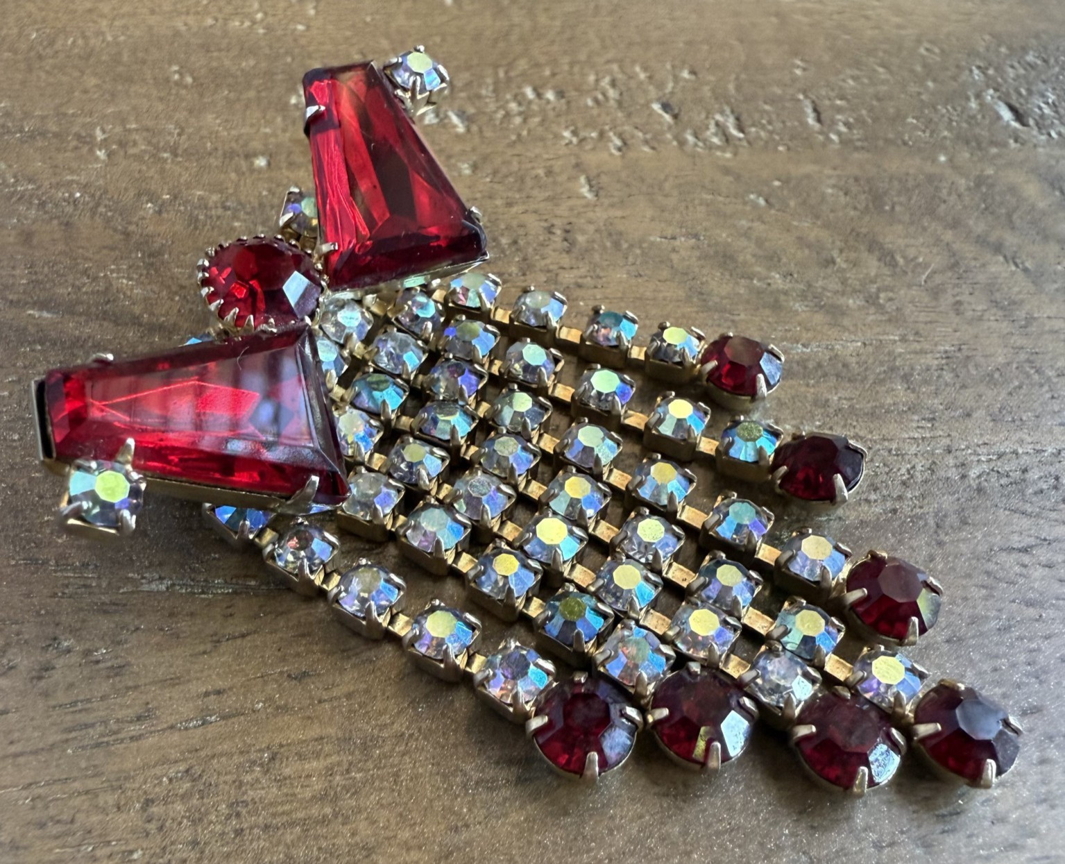 Vintage Brooch Ruby Red with AB Rhinestones Dangles