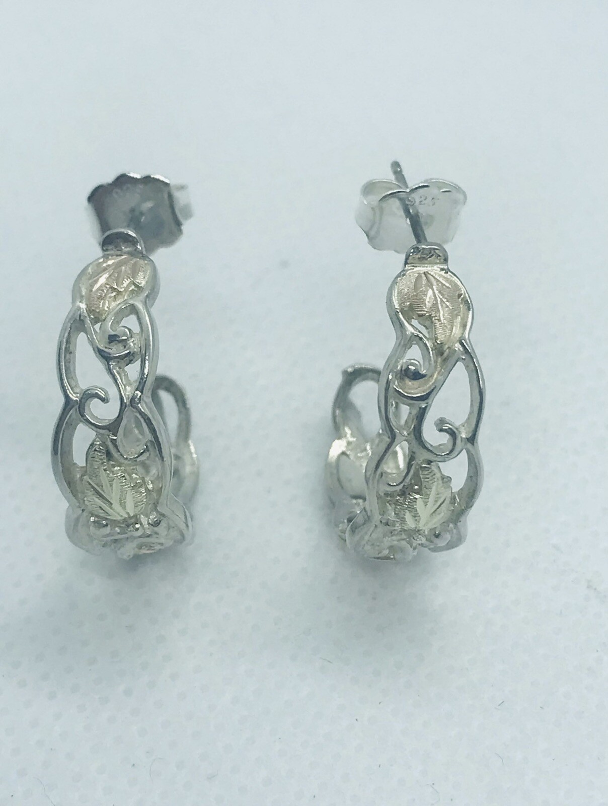 Vintage 9Karat Yellow & Rose Gold Silver Leaf Half Hoop Push Back Earrings