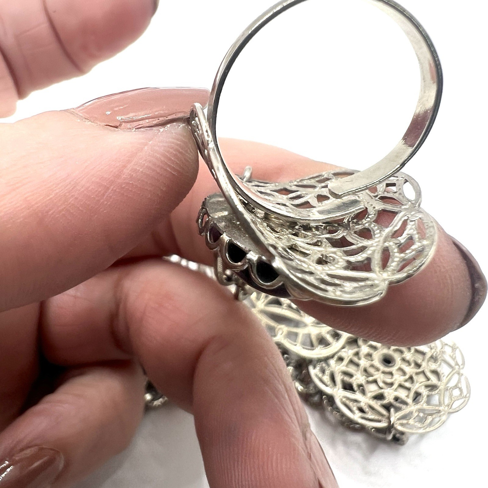 Adjustable Silver-Tone Filigree Blue Slave Ring Bracelet Gothic Boho