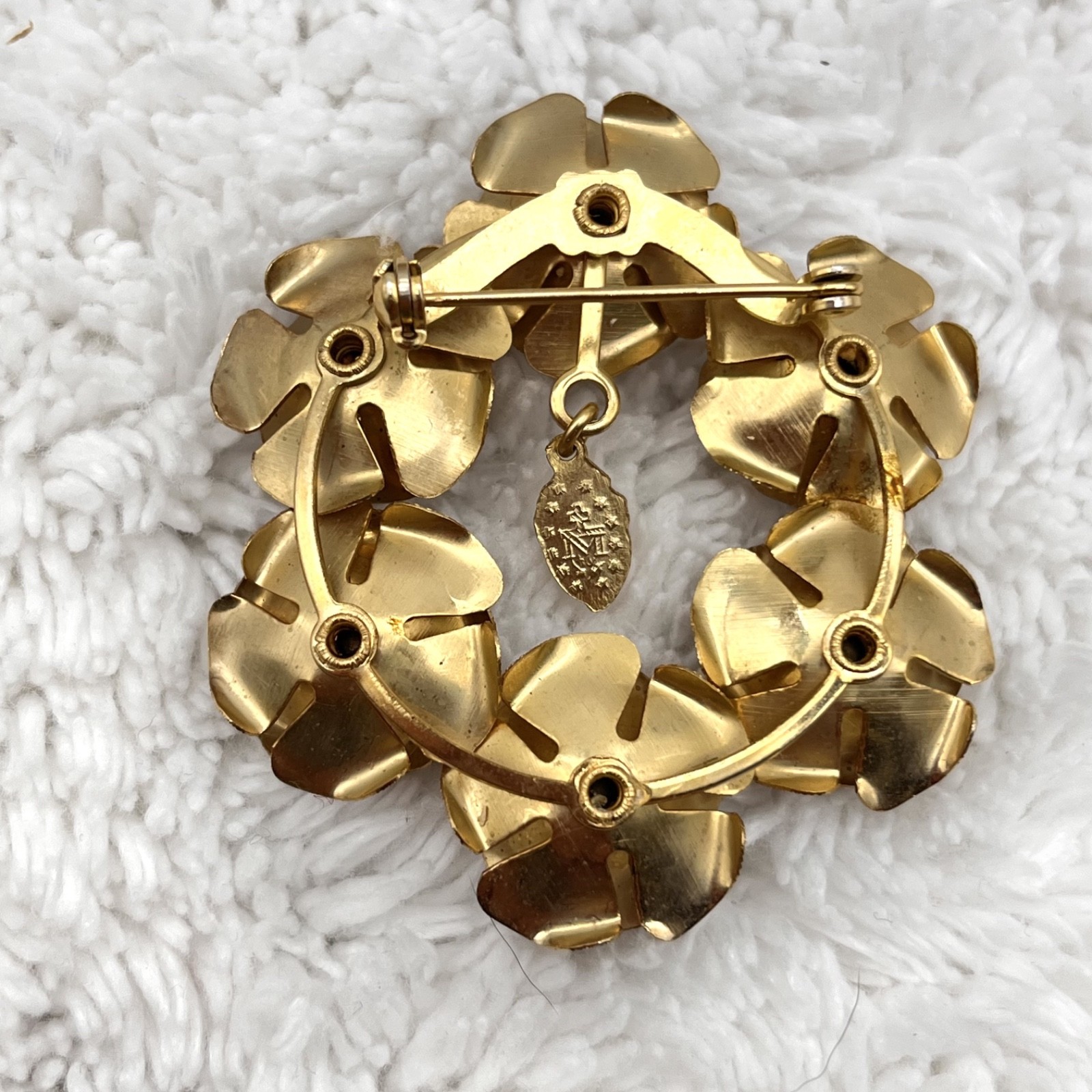 Vintage Textured Floral Brooch Miraculous Medal Dangle Gold Tone 2″