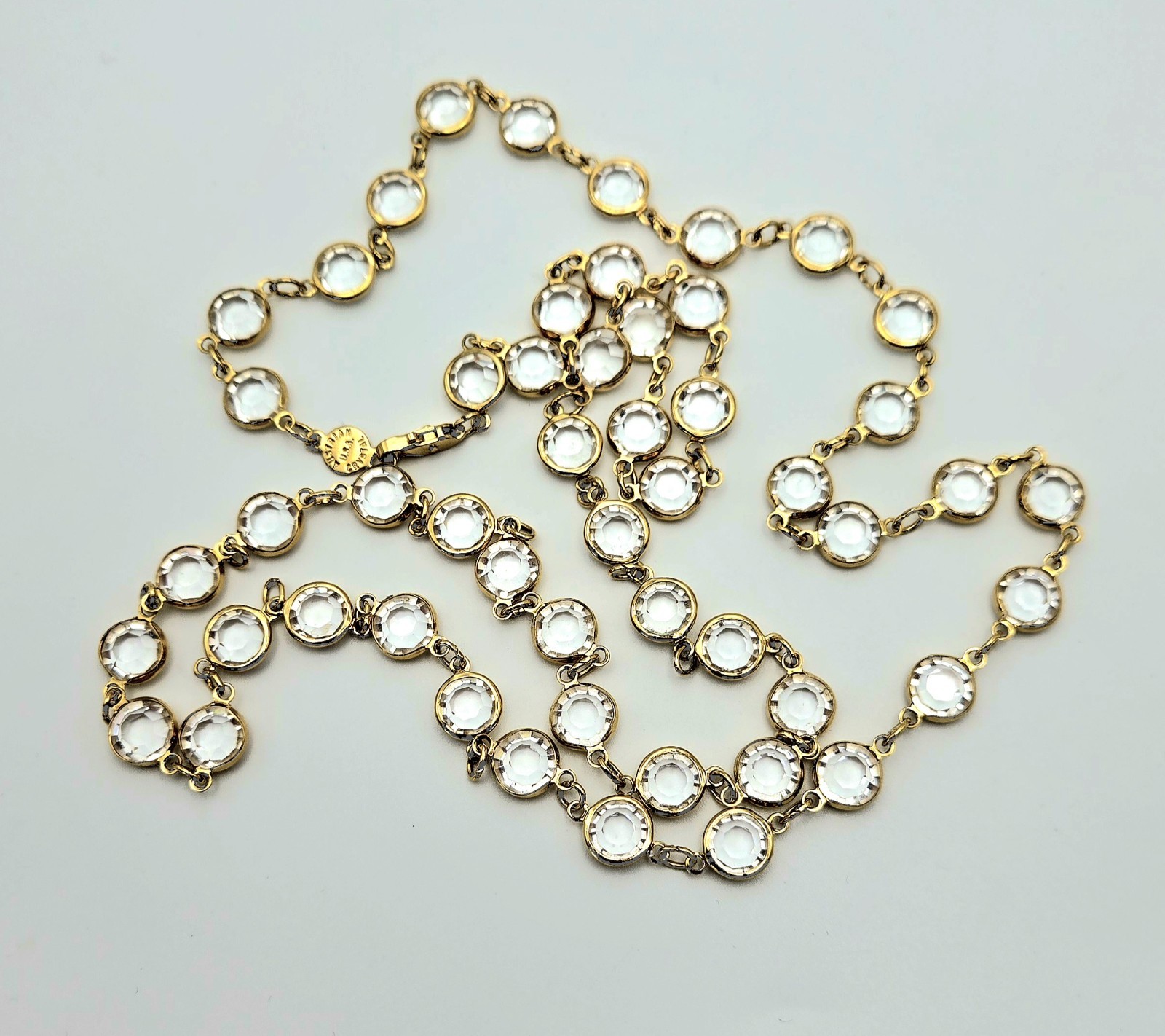 Vintage AUSTRIAN CRYSTAL Clear Open Back Bezel Set Gold Necklace 34″