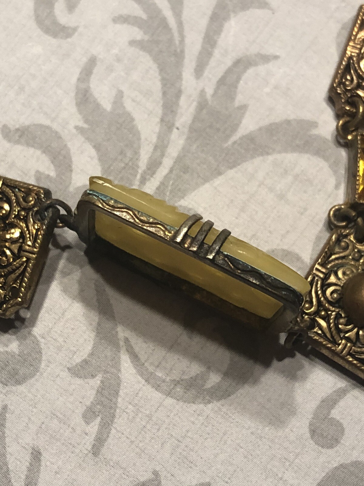 Atq Art Deco Czech Signed Vaseline Topaz Glass Asian Crane Panel Necklace-Estate