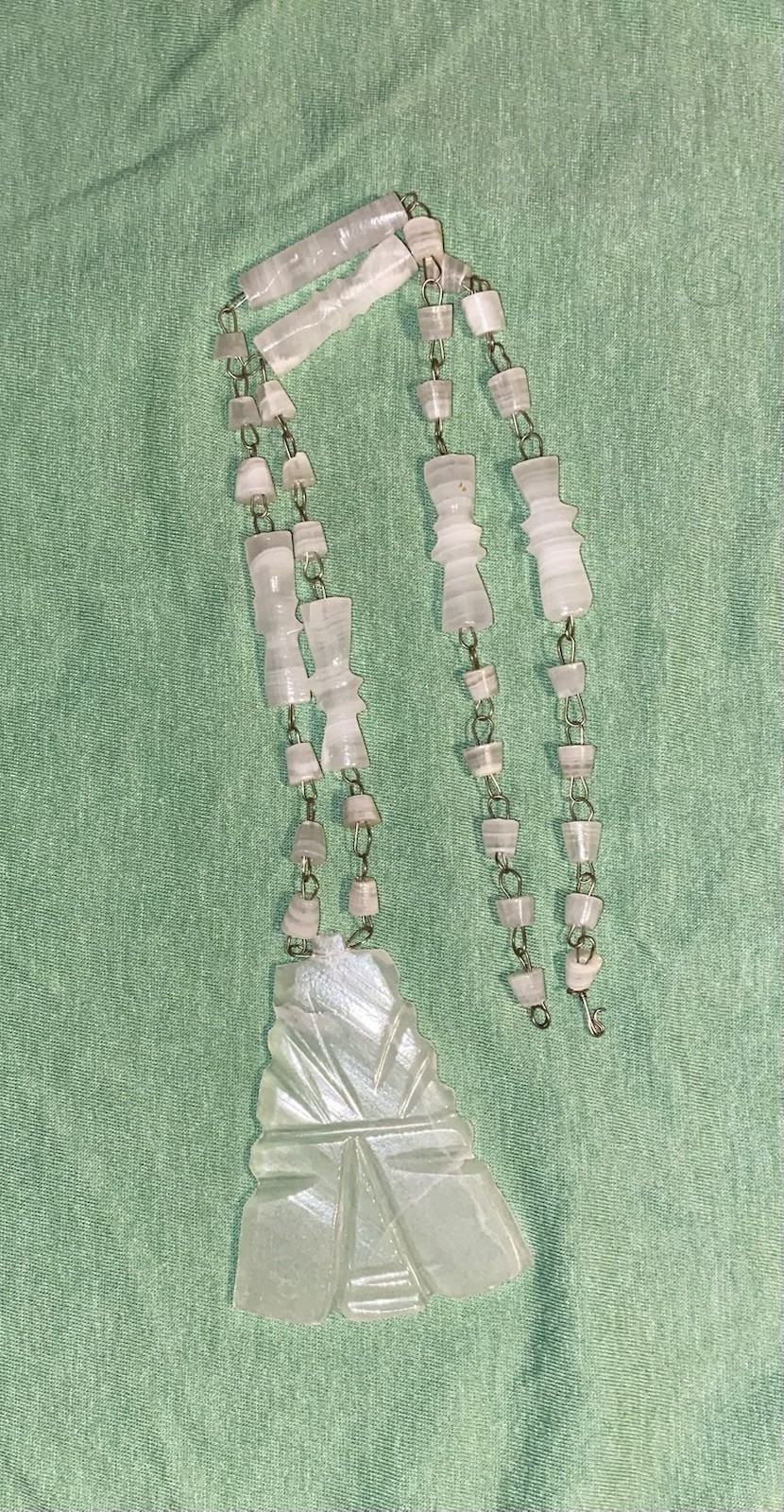 Vtg Mexican Agate White Etched Necklace Pendant Beaded Aztec