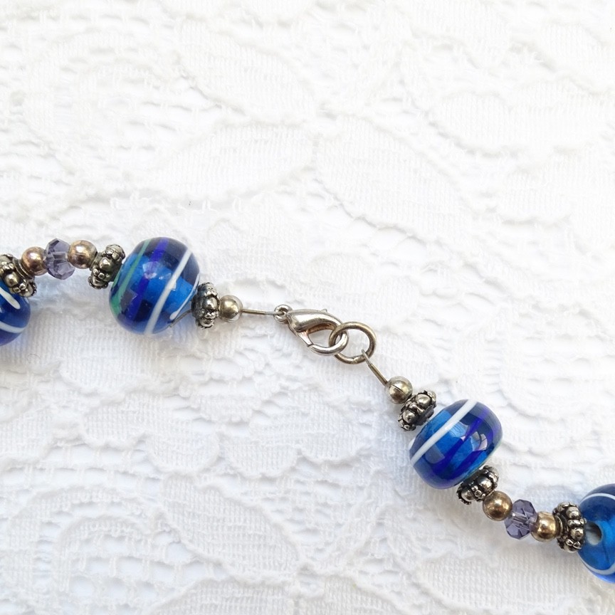 Artisan Lampwork Blue Art Glass Bead Necklace 23” Purple Green White Stripe 23″