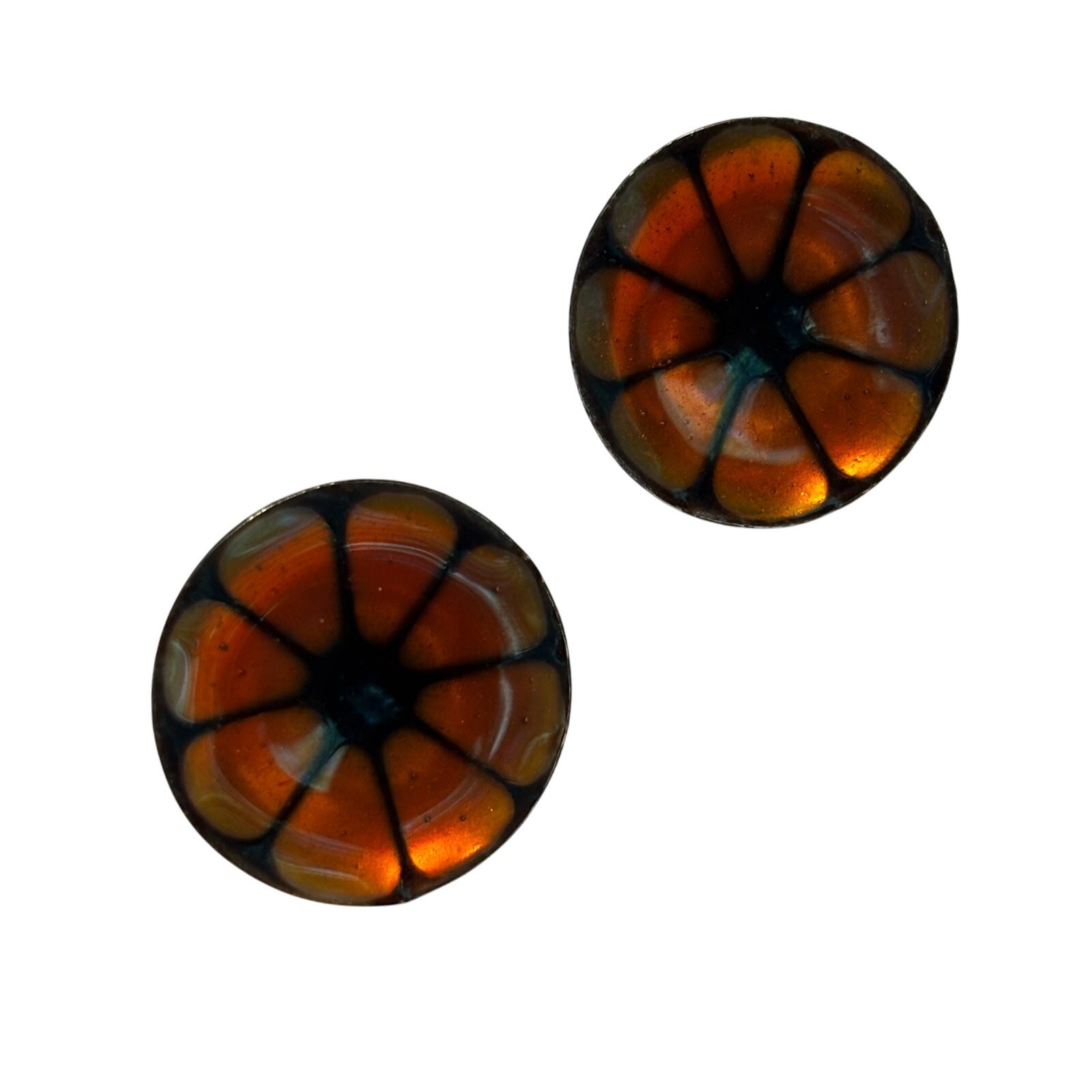 Vintage screwback earrings enamel finish on silvertone unique Boho orange black
