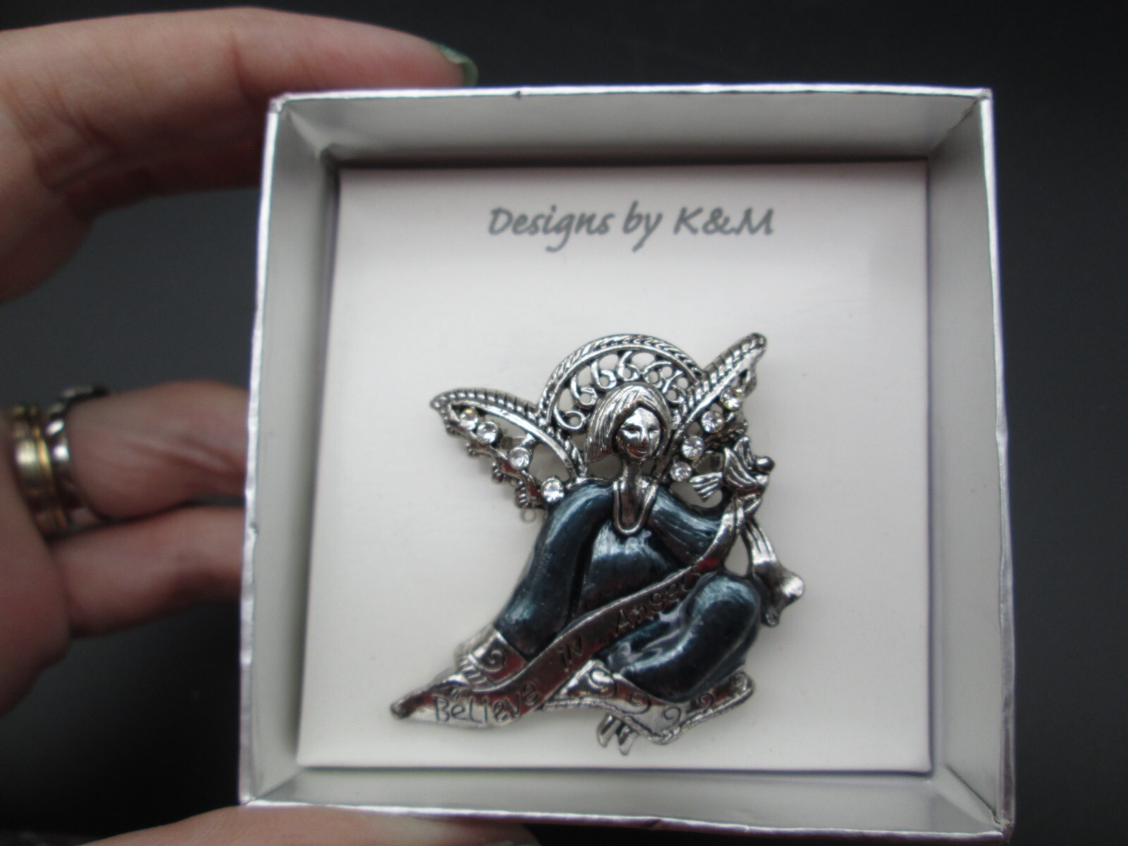 Vintage Angel Brooch Pin Silver Tone Rhinestone Blue Enamel Believe Estate NIB