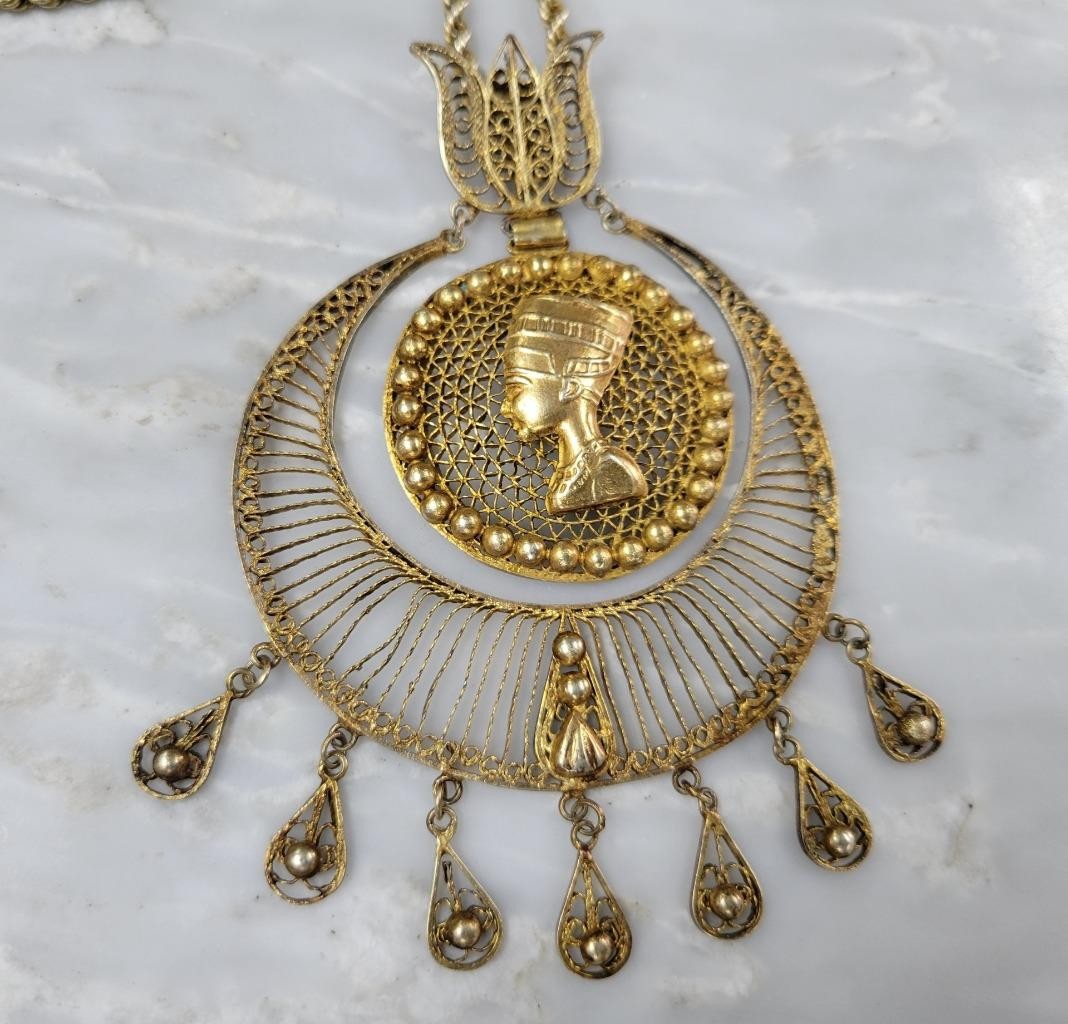 GP Sterling Silver Filigree Nefertiti Egyptian Necklace 24″ ~ 44g ~ 8-I781
