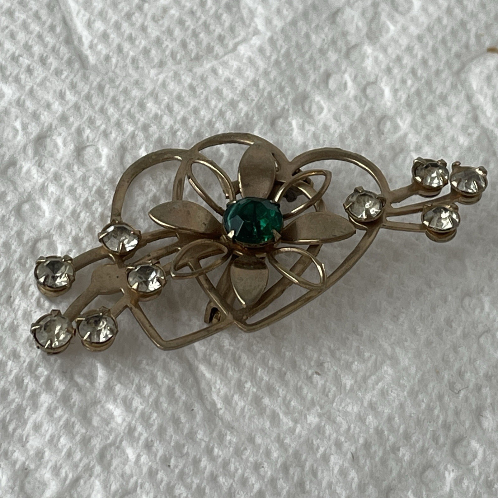 Hearts Flowers Brooch Pin Faux Emerald Faux Diamonds Flourish 2”x1” Vintage
