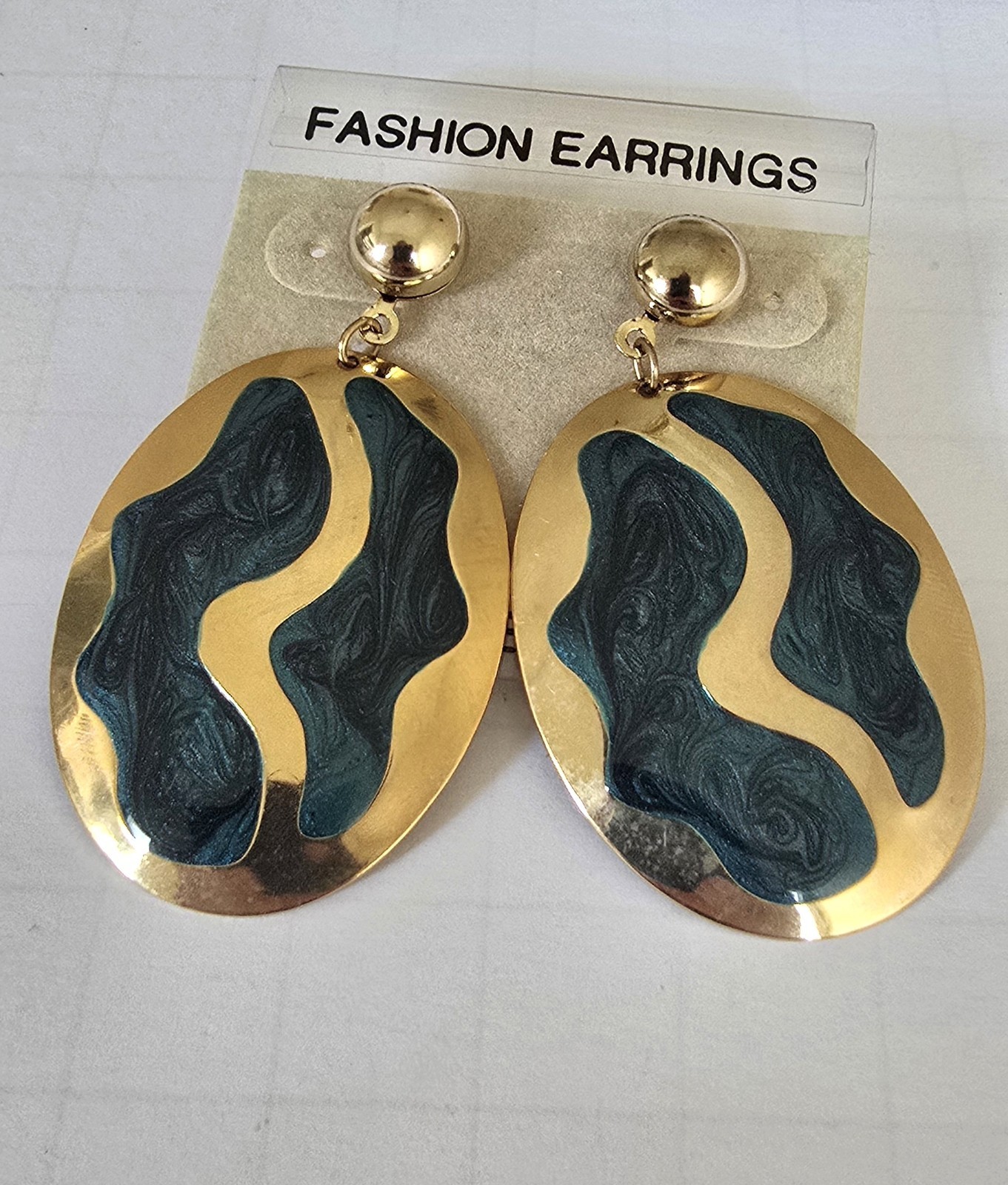 Vintage 80’s NOS Gold Tone Green Forest Enamel Inlay Drop Pierced Earrings New