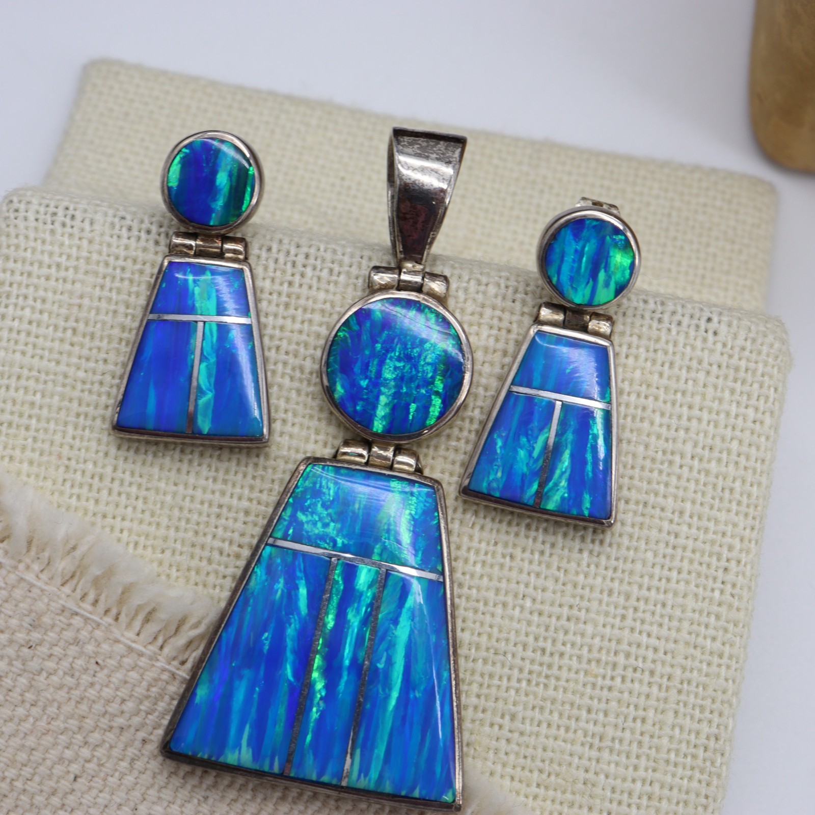 Vtg Sterling Silver 950 Mexico Blue Green Fire Opal Pendant Earrings Set Inlay
