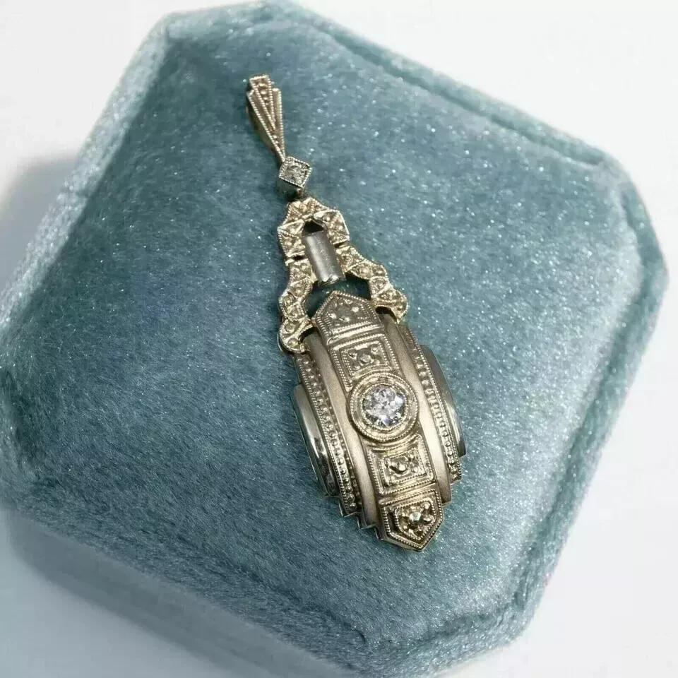 Art Deco Vintage Style Lab Created Diamond 14K White Gold FN Engagement Pendant