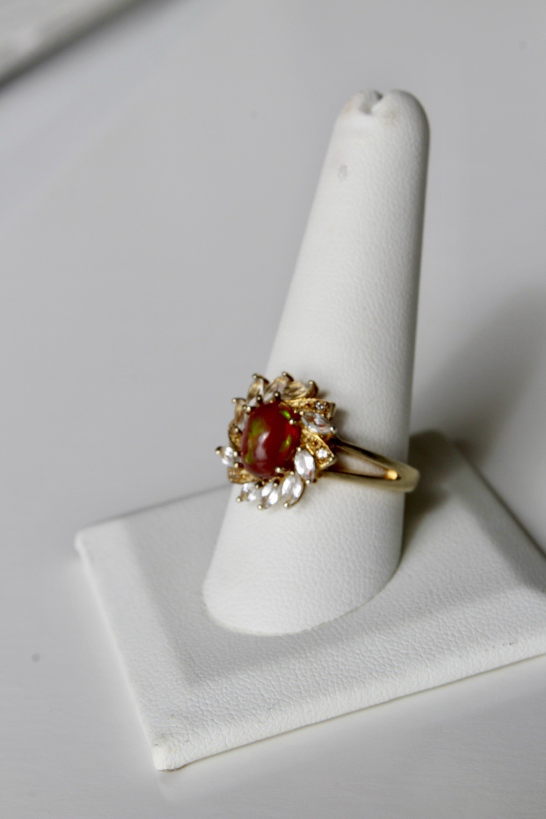 Antique Opalescent Amber Cabochon & Spinel Ring, 2 Carats 9K Gold