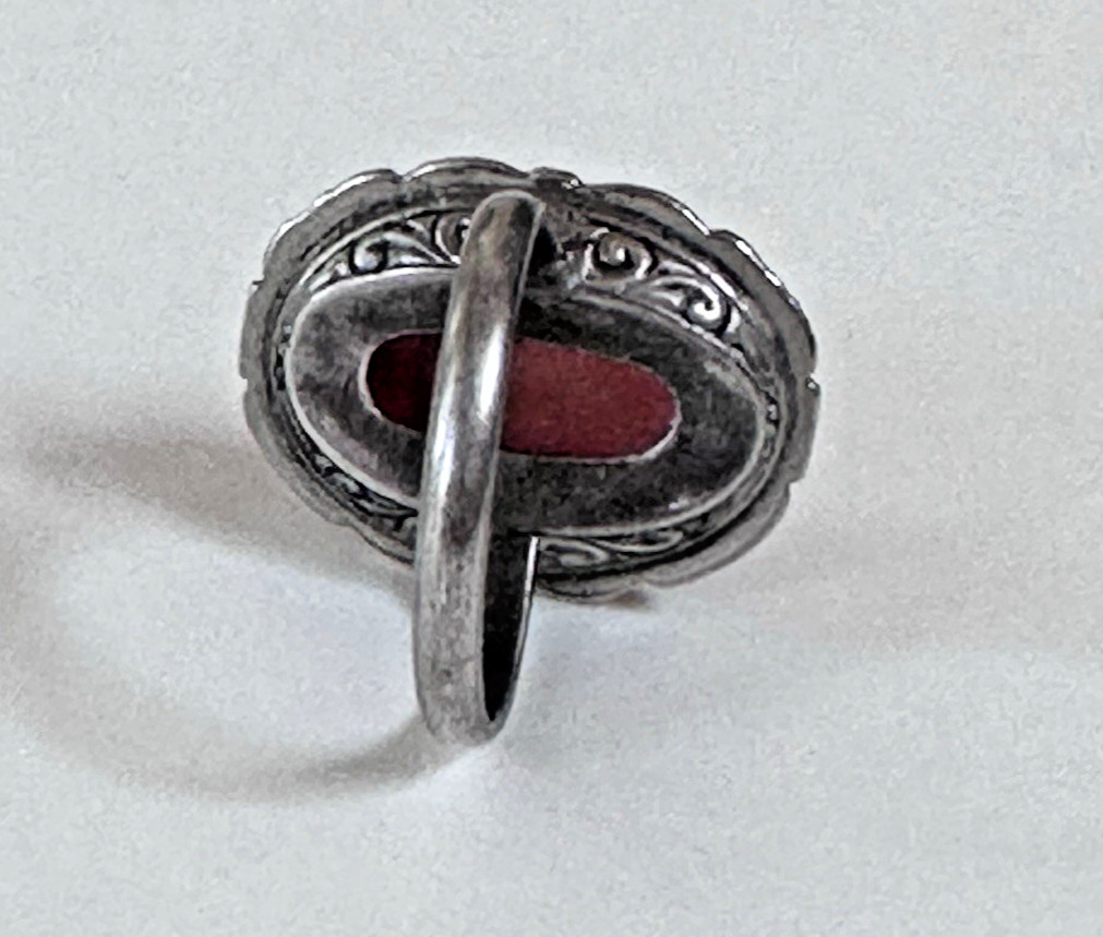 Carved Coral Floral Design Marcasite Art Deco Antique Sterling Silver Ring 5.5