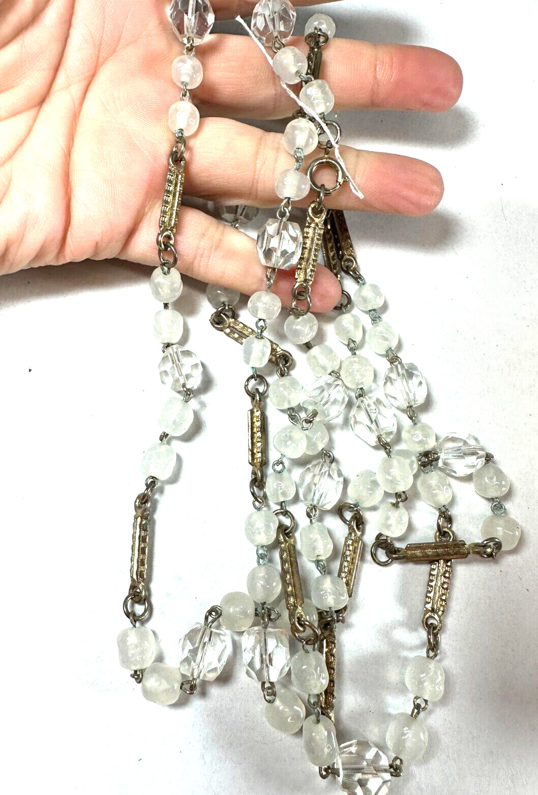 Vintage Necklace Glass Bead Station Bar Link Clear Milky Heavy Some Wear