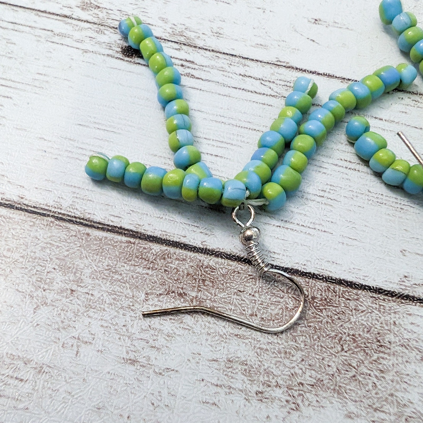Vintage Earrings For Pierced Ears Light Blue & Green Beaded Dangle