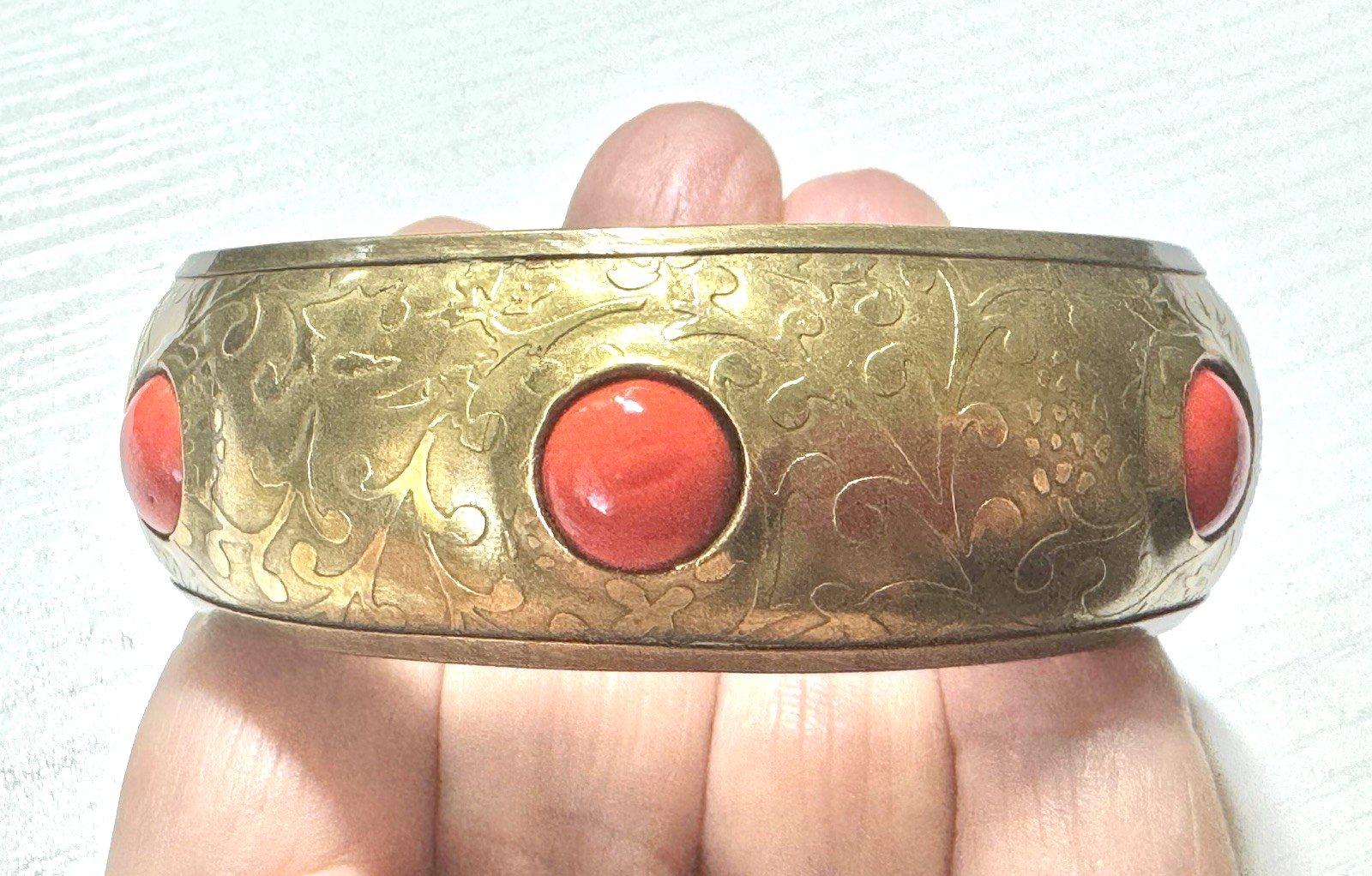 Vintage, Engraved Floral Patterns, Inlaid Red Cabochon Stones, Boho Brass Bangl