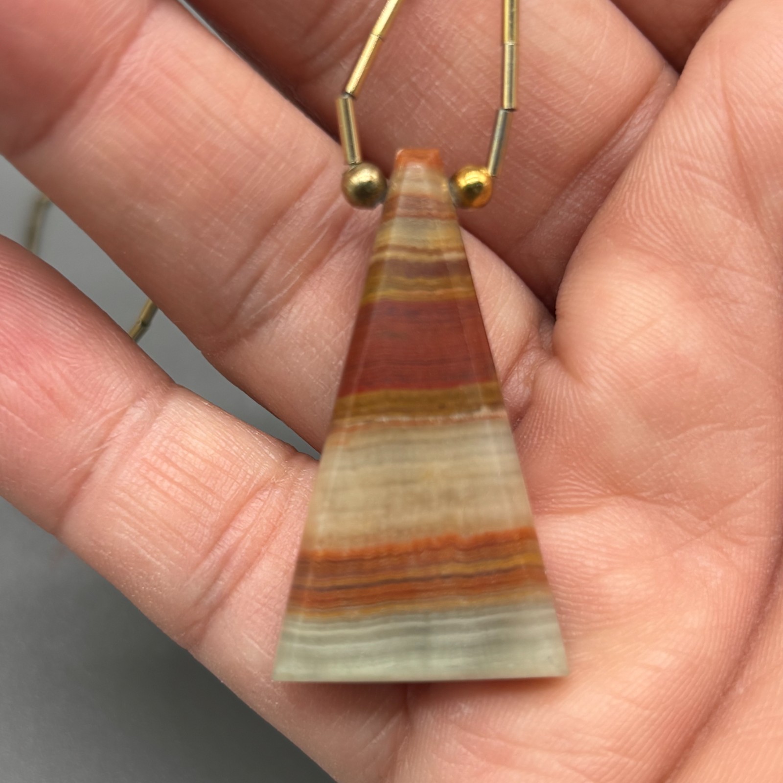 Vintage Stone Inlay Pendant Necklace Banded Onyx Southwest Style Triangle Gold