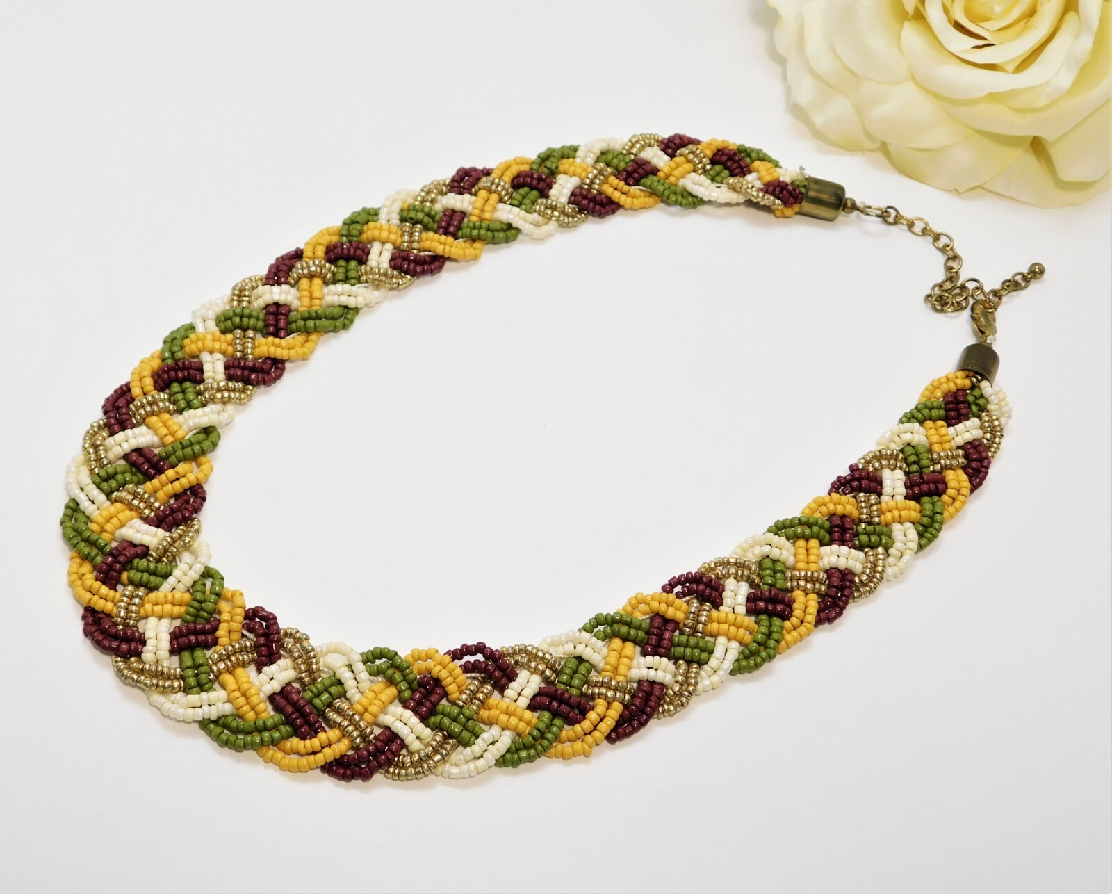VINTAGE EARTH TONE BOHEMIAN B RAIDED GLASS SEAD BEAD NECKLACE 20″