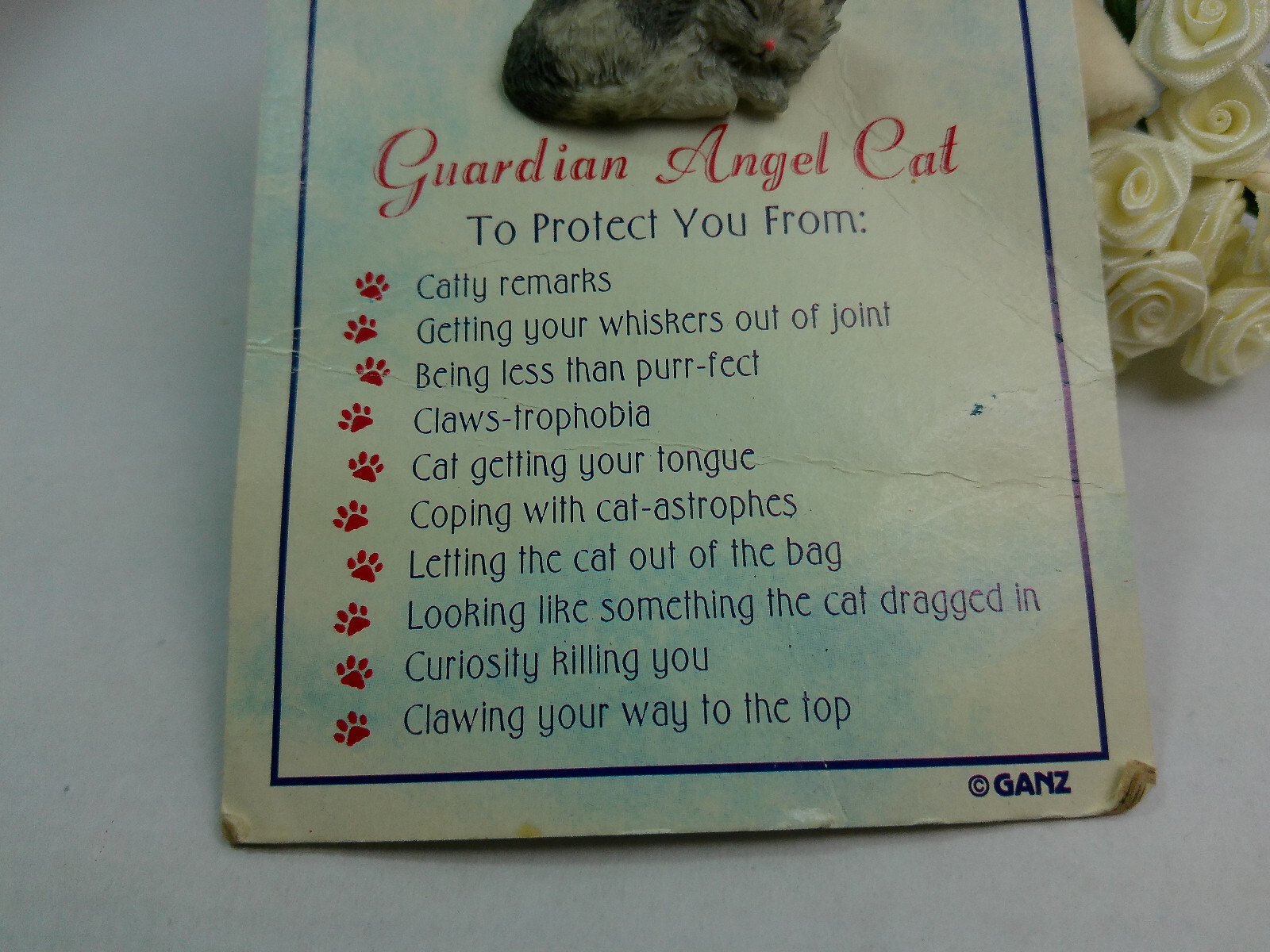Sweet Vtg GANZ Sleeping Guardian Angel Kitty Cat Whimsical Boho Retro Pin Brooch