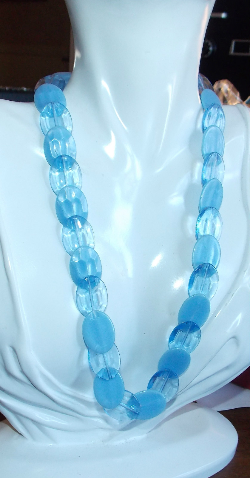 Vintage Lucite Plastic Lozenge Blue Translucent Opaque Silver Necklace 1A 2