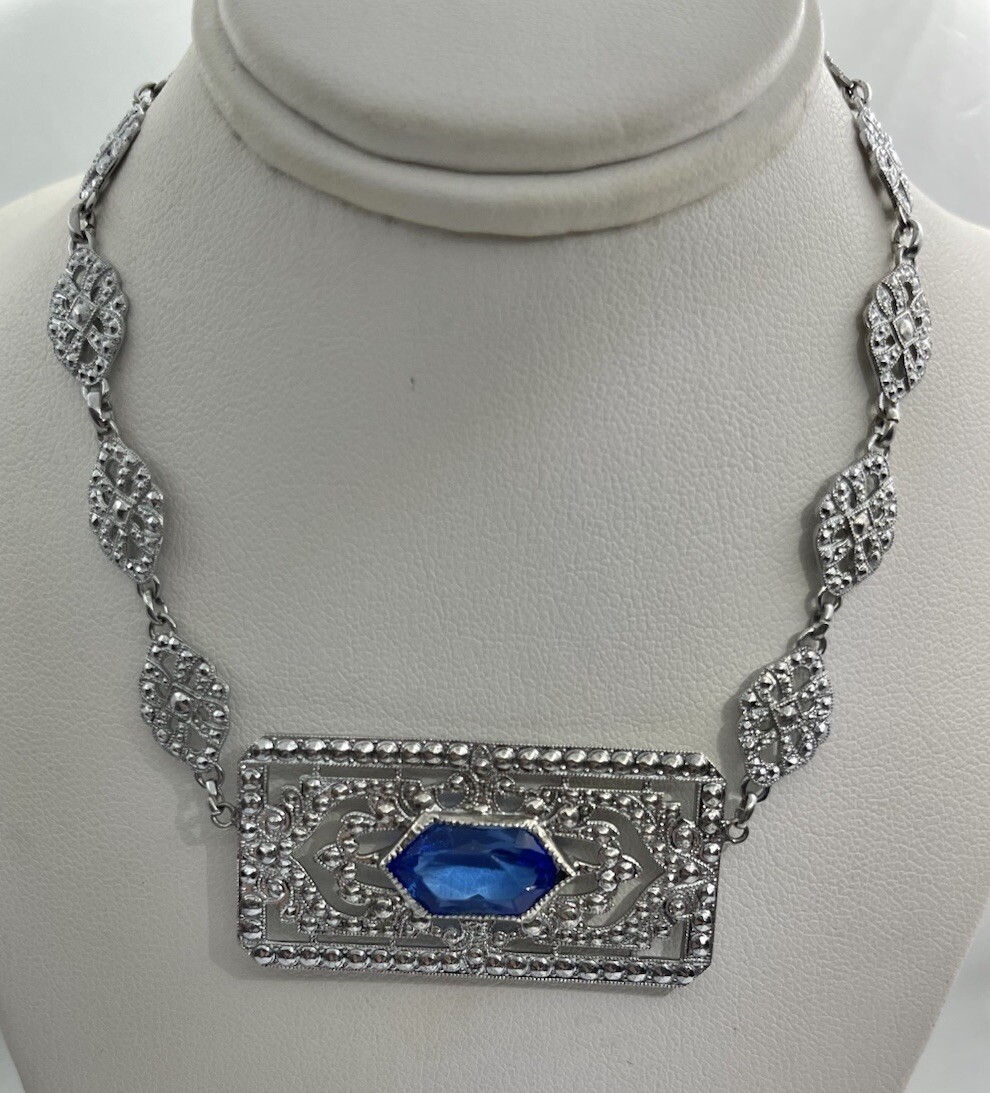 Antique Art Deco Blue Lozenge Shape Plaque Rhodium Plated Sterling Necklace