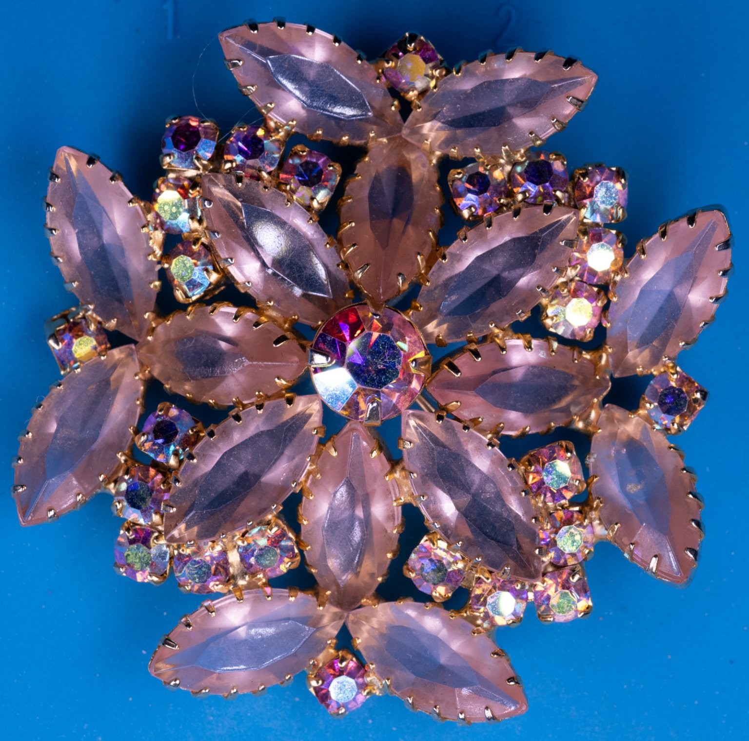 Vintage Floral Starburst Brooch Gold Tone 2.5″ Pink AB Rhinestone Cluster