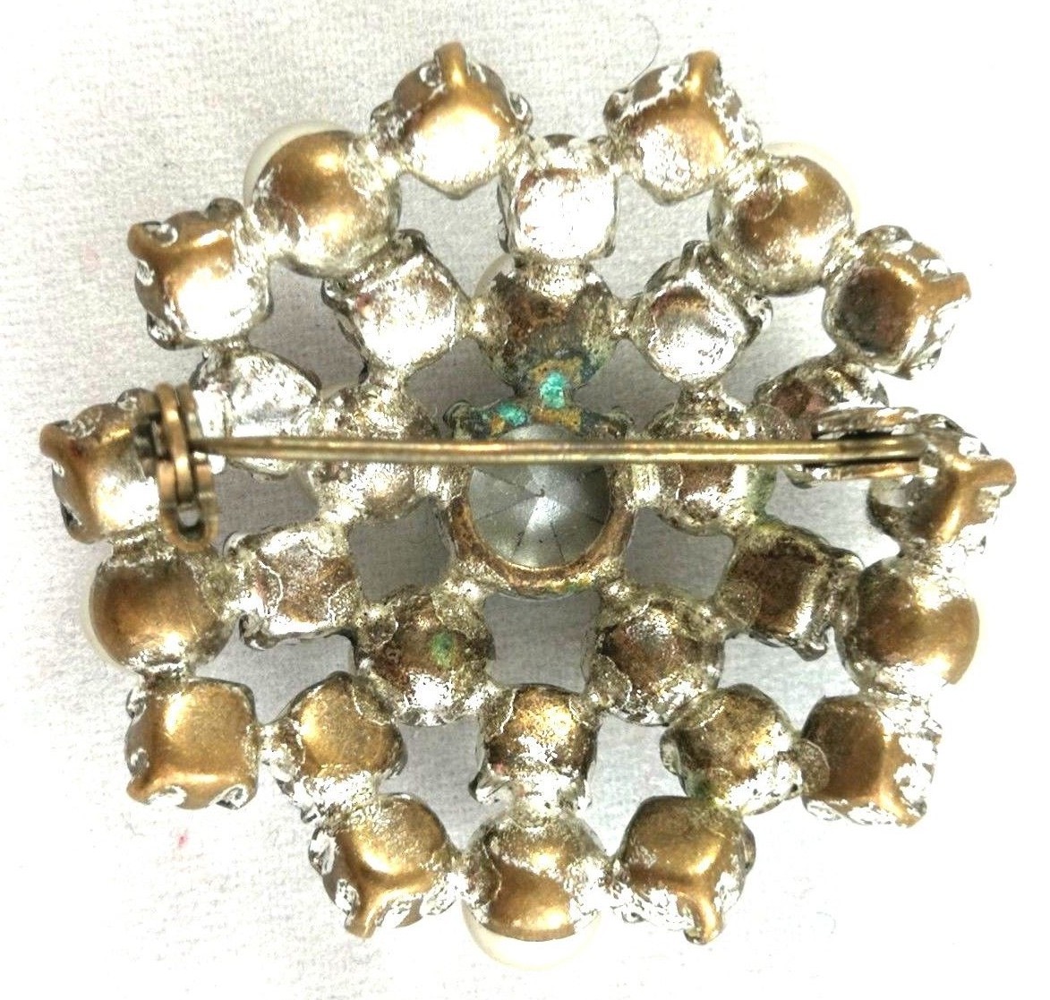 Czech Brooch Mid Century Pin Vintage Glass Rhinestone Faux Pearls Vtg Accessory