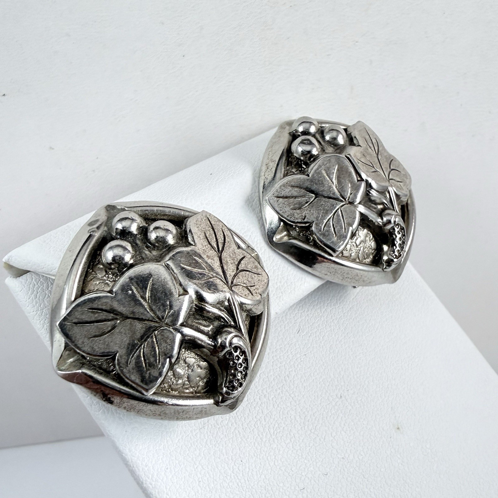 Vintage Grapes with Leaves Silver Tone Clip on Earrings