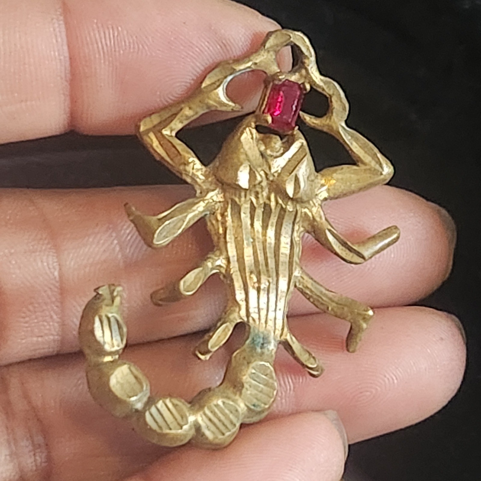 Vintage Gold bronze Tone Scorpion Pendant Red Rhinestone Eye Desert Zodiac