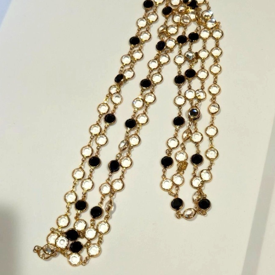 Vintage Swarovski Crystal Necklace Black & Clear Signed Gold Tone double strand
