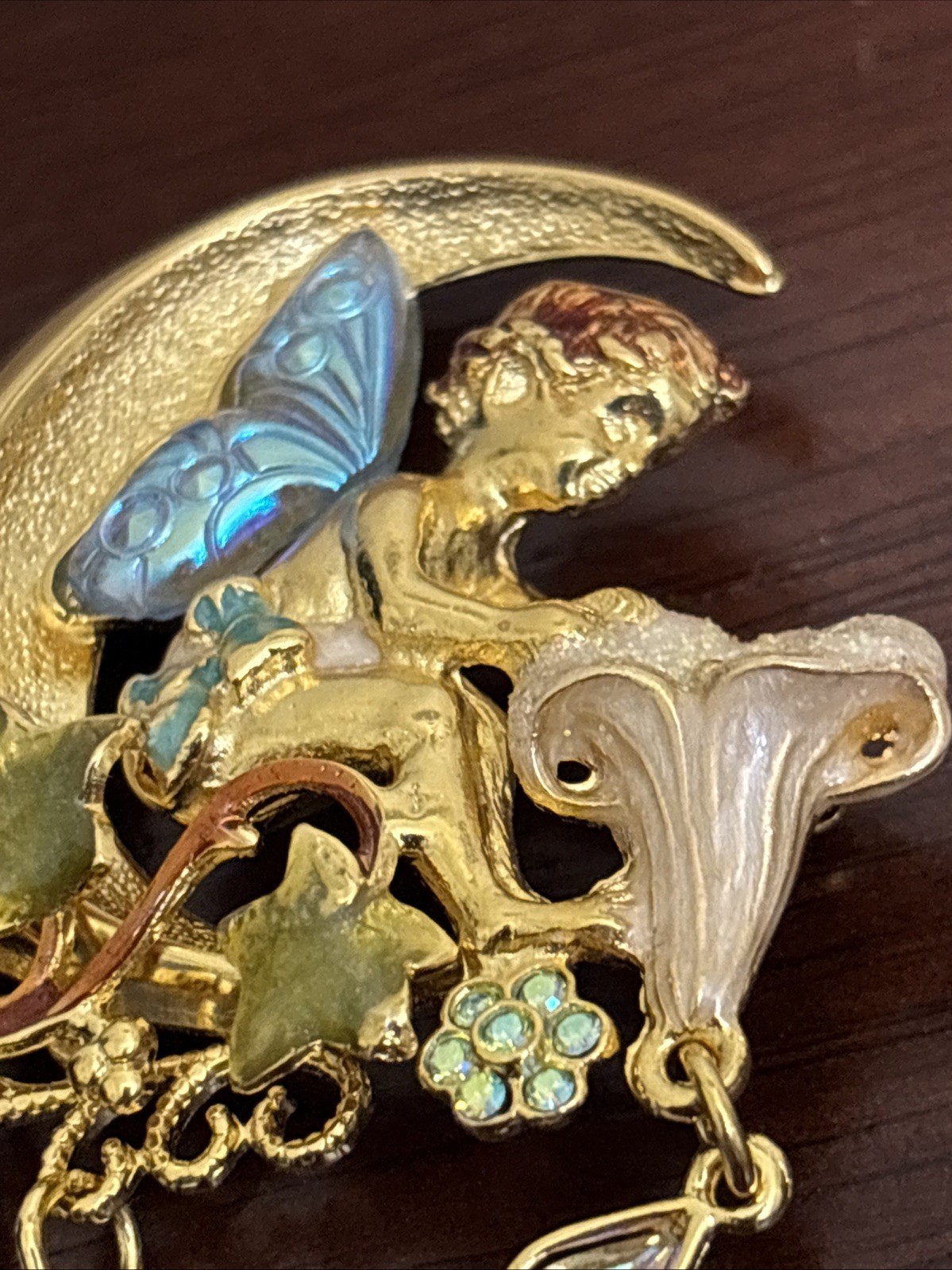 Vintage Kirks Folly Gold Fairy on Crescent Moon Dangle Brooch w Charms 2″