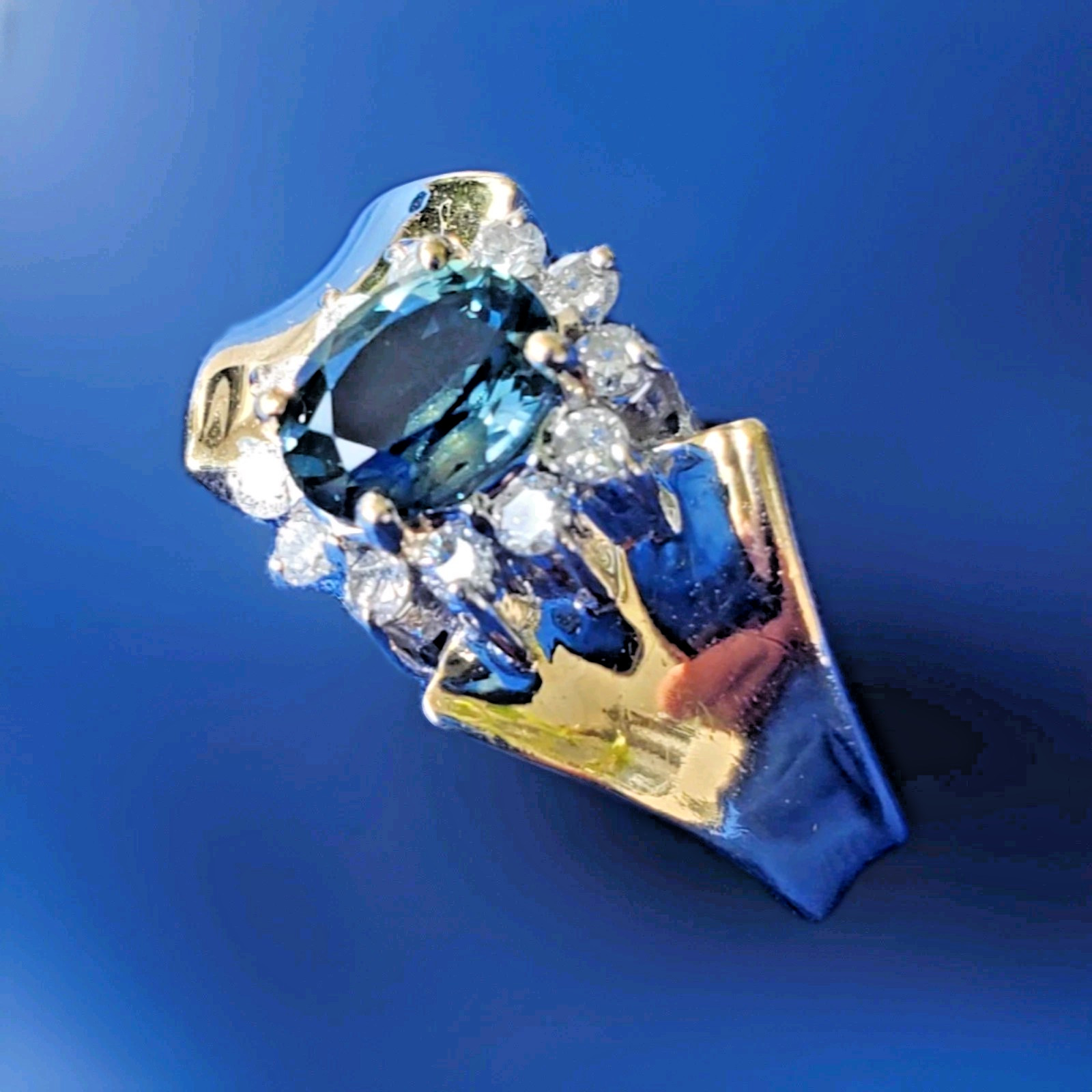 Original EARTH MINED Teal Blue SAPPHIRE DIAMOND Engagement Ring SOLID 14K GOLD 9
