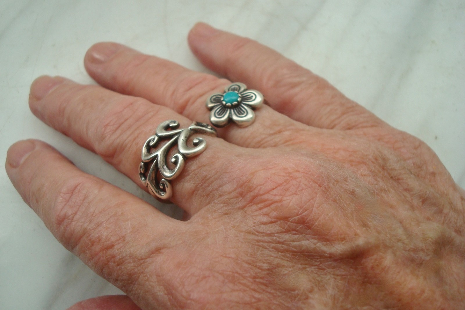 Vintage CAROLYN POLLACK STERLING Silver FLOWER Turquoise DOUBLE RING Size 9/7.5