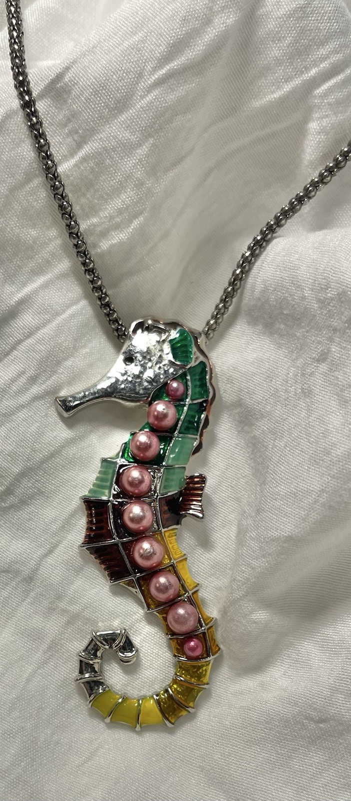 Vintage Colorful Seahorse Pendant Necklace Silver Tone & Enamel Pink Bead Charm