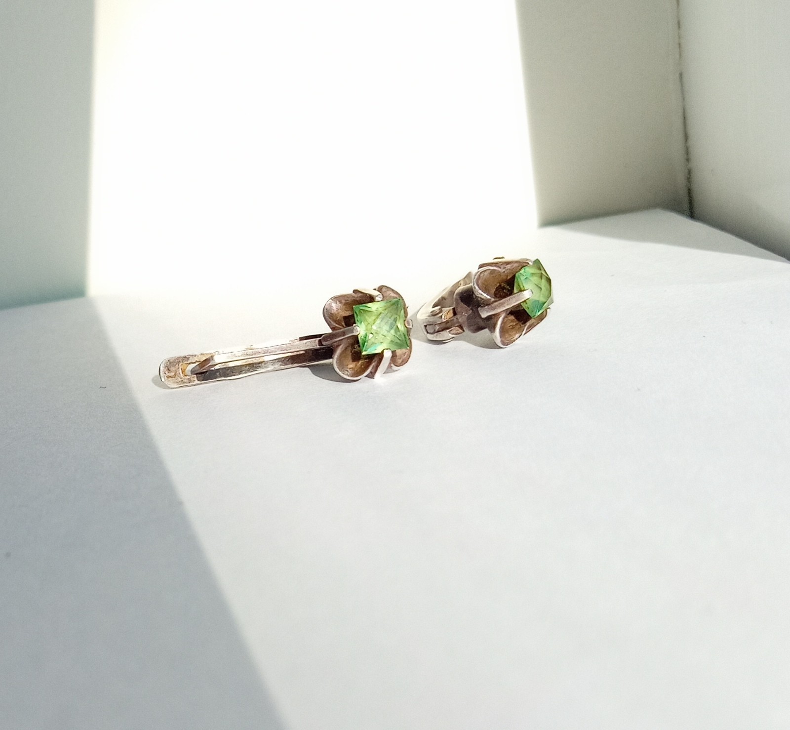 Vintage Earrings Green stones Sterling Silver 925 star USSR times Women Jewelry