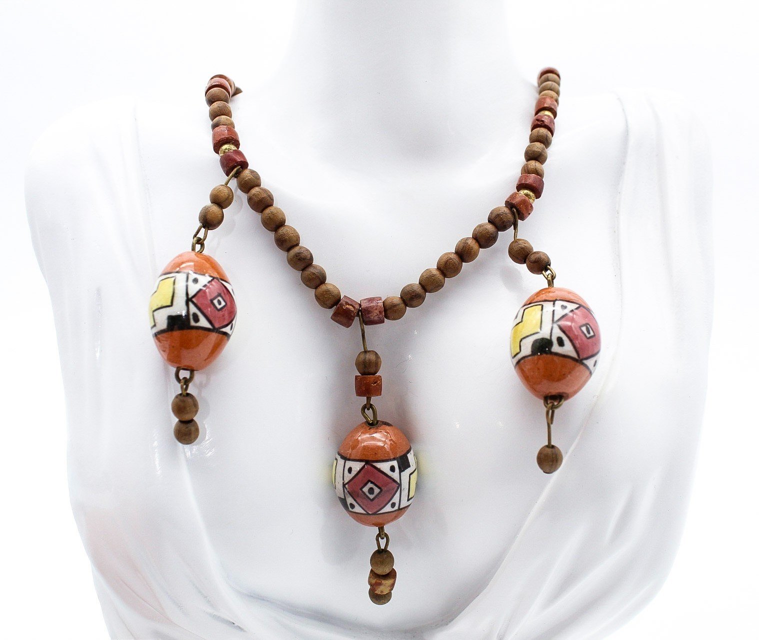 Vintage Tribal Style Hand Painted Ceramic & Wood Bead Statement Necklace